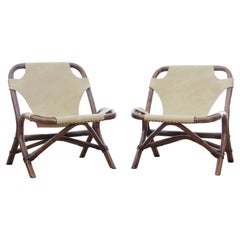 Pair of Lounge Chair in Rattan and Simili Leather