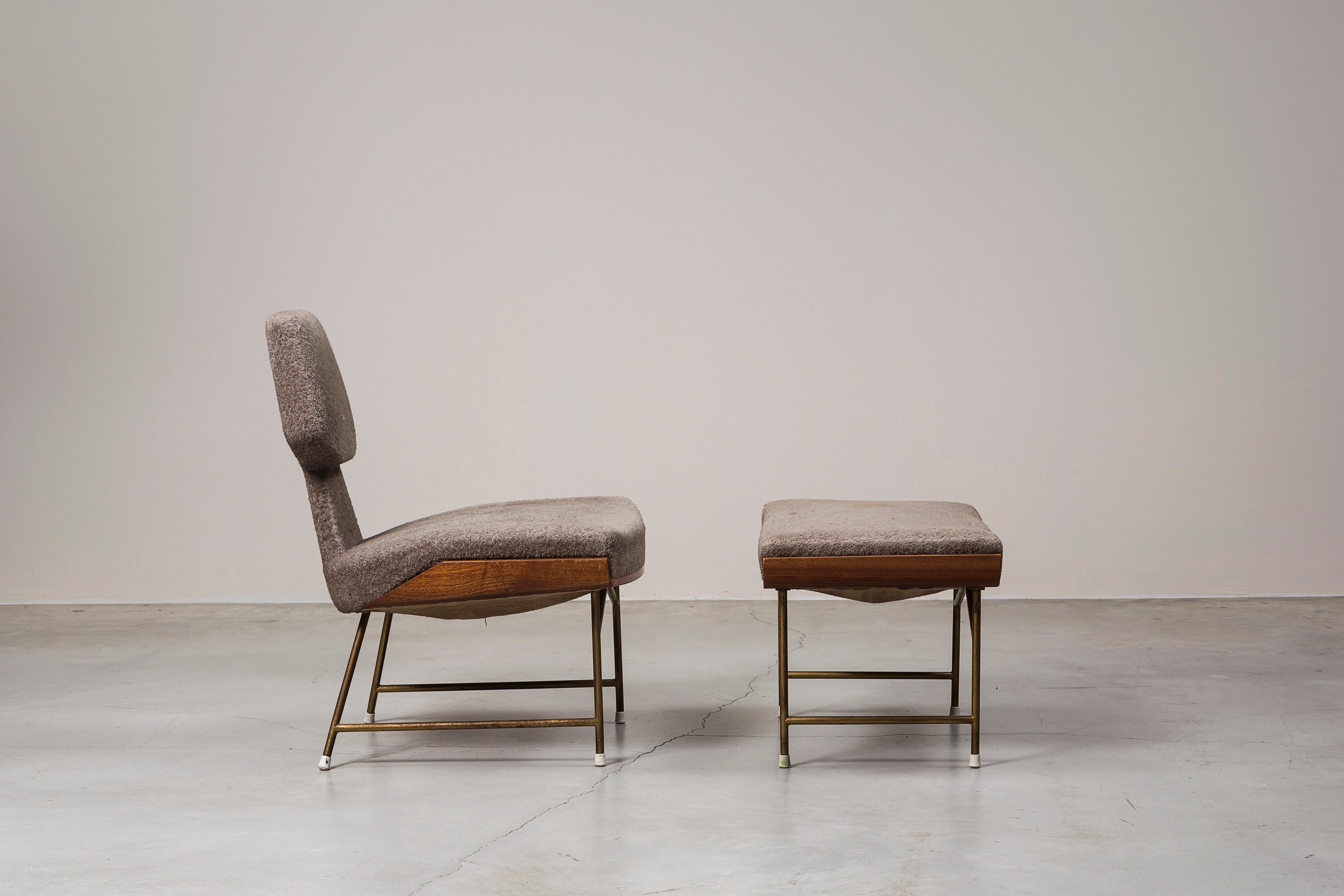 Mid-Century Modern Pair of Lounge Chairs and One Ottoman by Renzo Zavanella For Sale