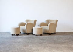 Paar Loungesessel und Ottomane, gepolstert mit sandfarbenem reinem Alpaka