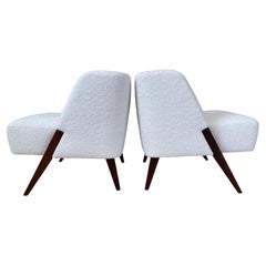 Pair of Lounge Chairs Attributed to Gio Ponti, Walnut and Ivory Bouclé Fabric