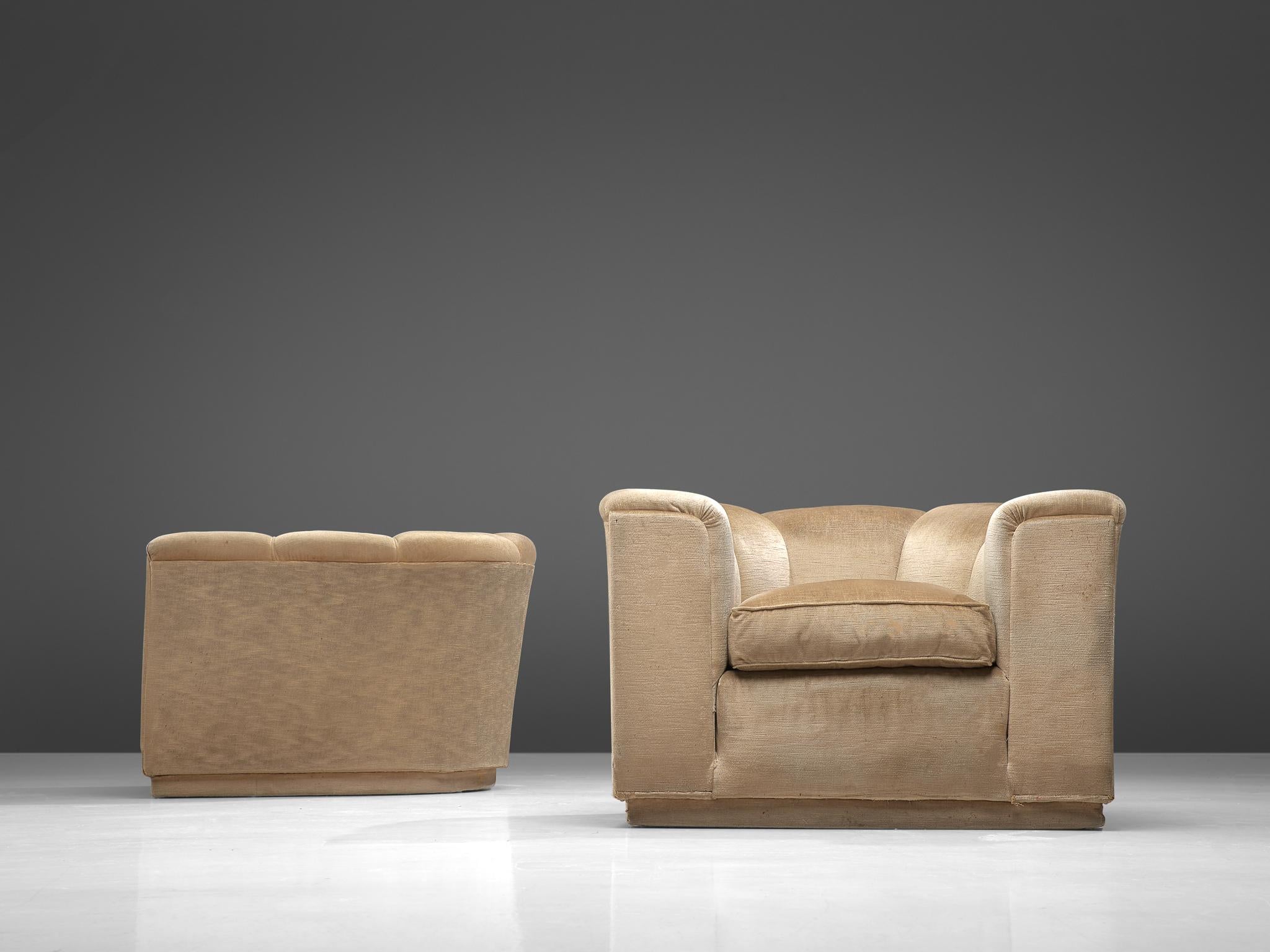 Mid-Century Modern Pair of Lounge Chairs, Beige Velour, Italy, 1960s