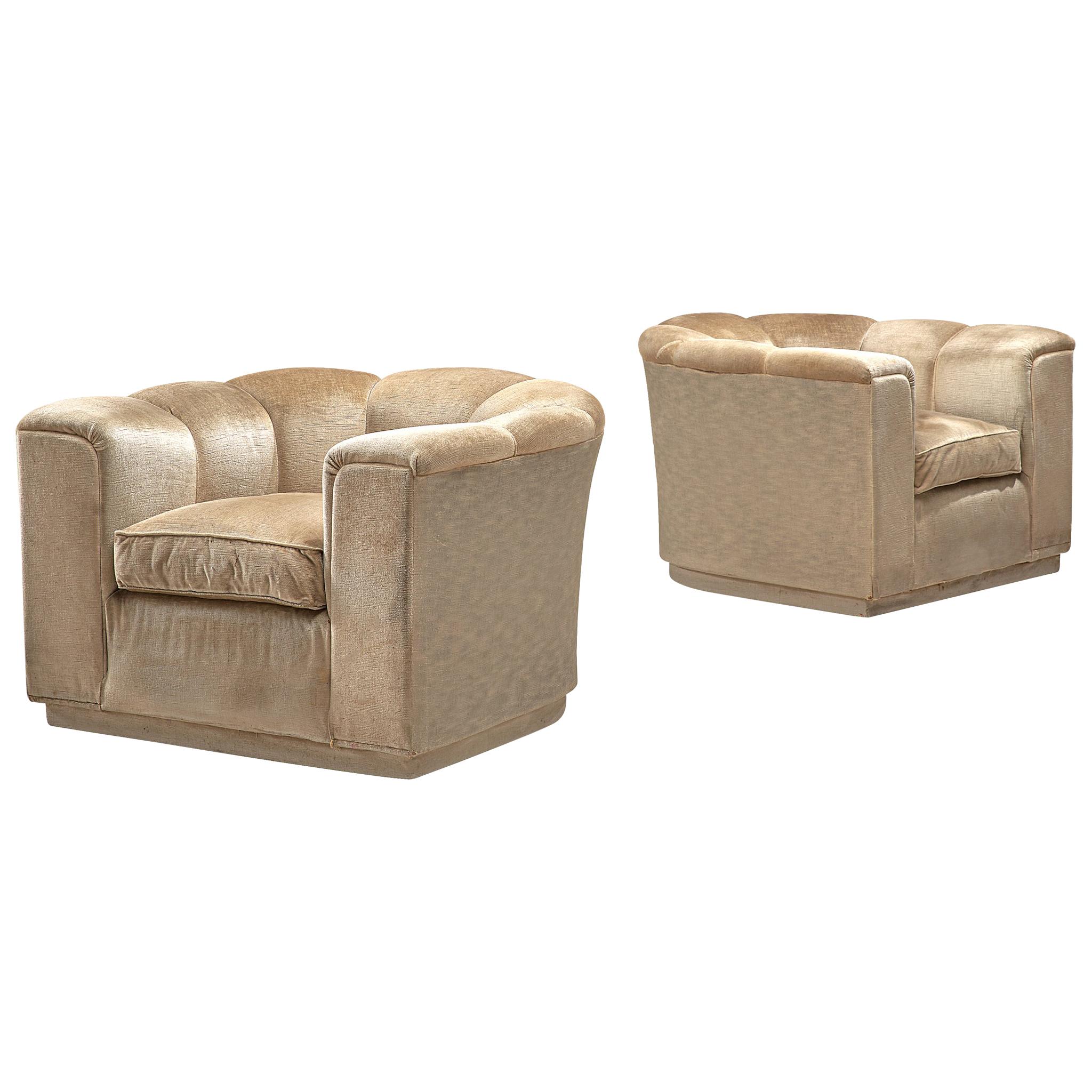 Pair of Lounge Chairs, Beige Velour, Italy, 1960s