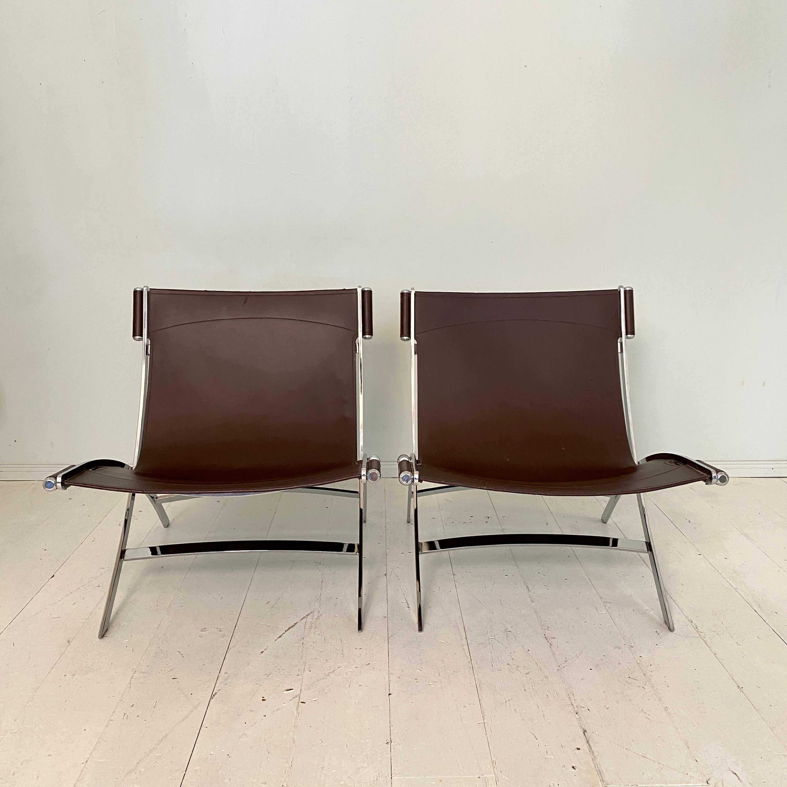 Italian Pair of Lounge Chairs by Antonio Citterio in Chrome and Leather for Flexform