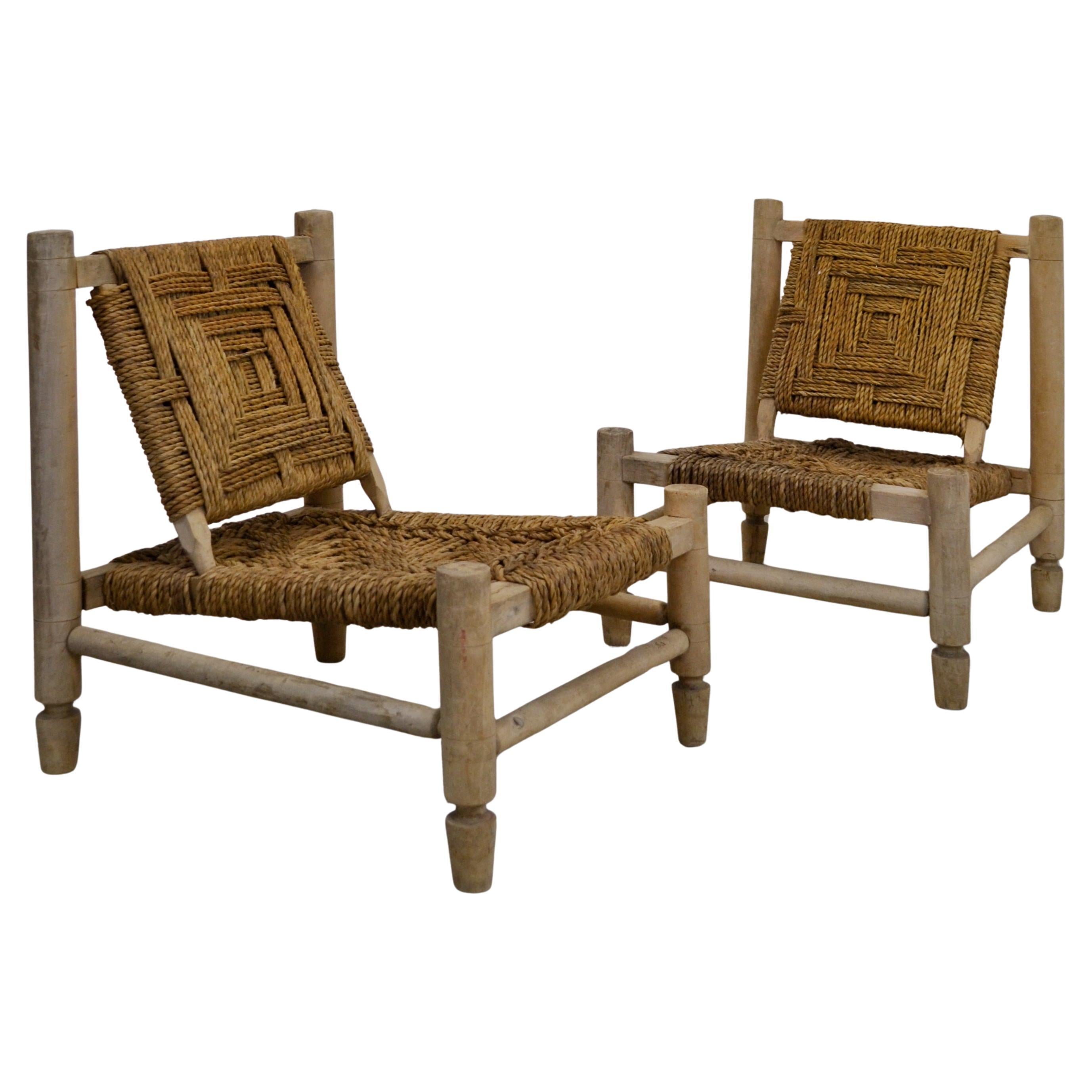Paire de chaises longues Audoux-Minet, corde et Wood, France, années 1950