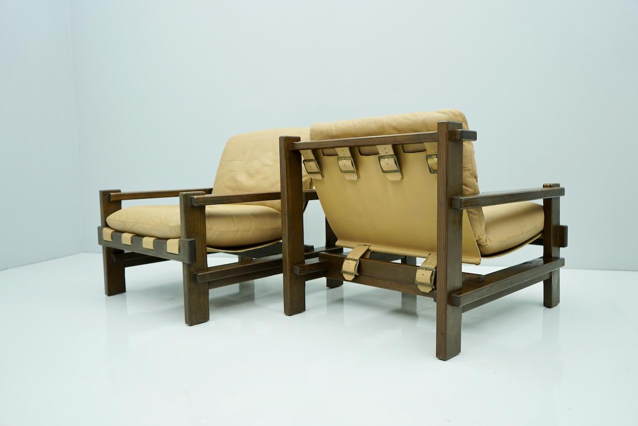 Danish Pair of Lounge Chairs by Carl Straub Denmark 60s in Oak and Light Brown Leather