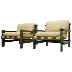 Pair of Lounge Chairs by Carl Straub Denmark 60s in Oak and Light Brown Leather