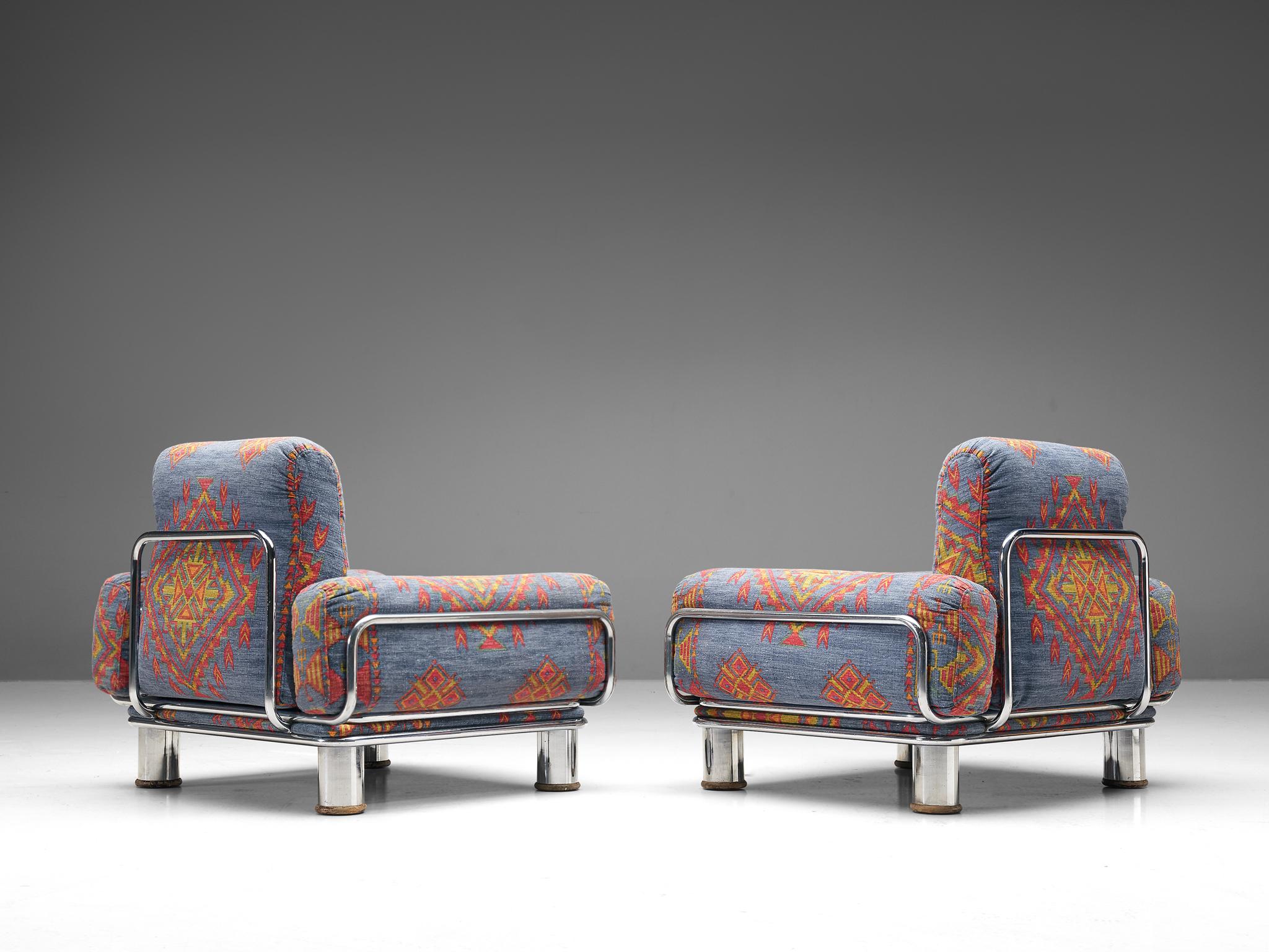 Italian Pair of Lounge Chairs by Gianfranco Frattini in Chromed Metal