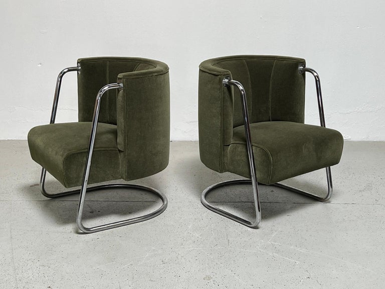 A rare pair of lounge chairs designed by Gilbert Rohde for the Troy Sunshade Company, 1935. Reupholstered in green mohair.  