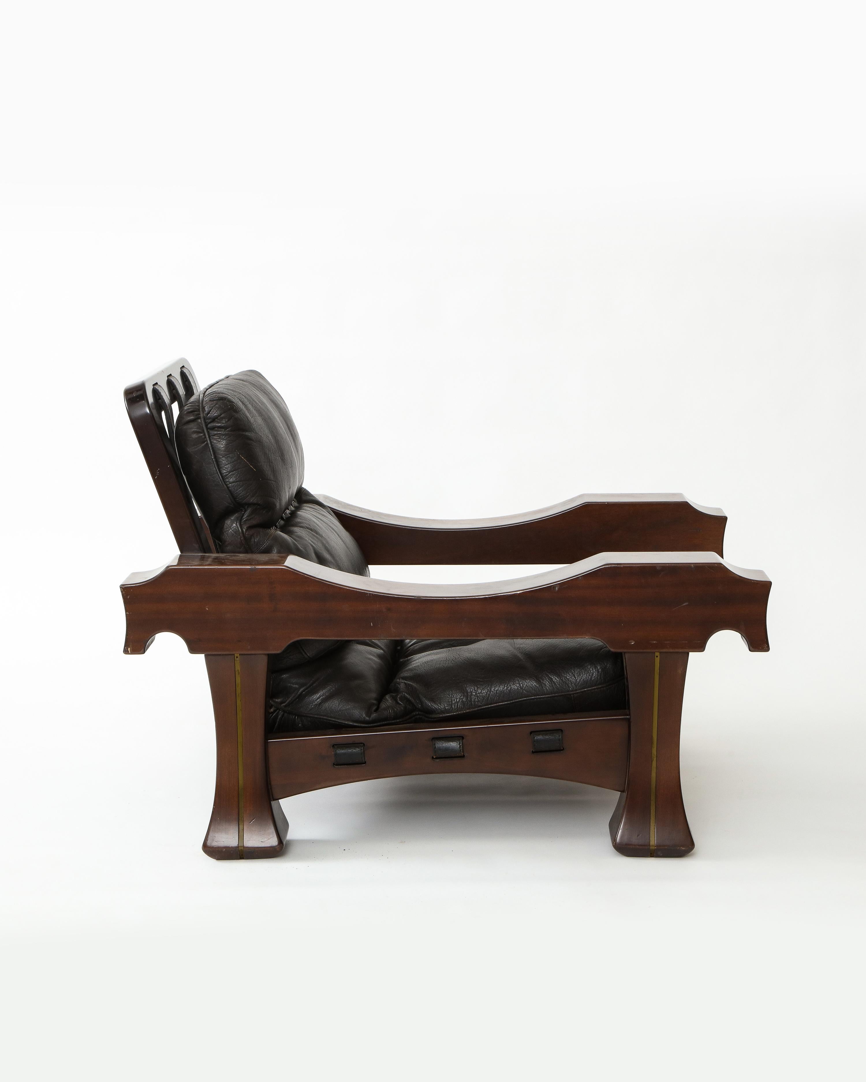 Inlay Pair of Ussaro Lounge Chairs by Luciano Frigerio in Leather, Wood and Brass