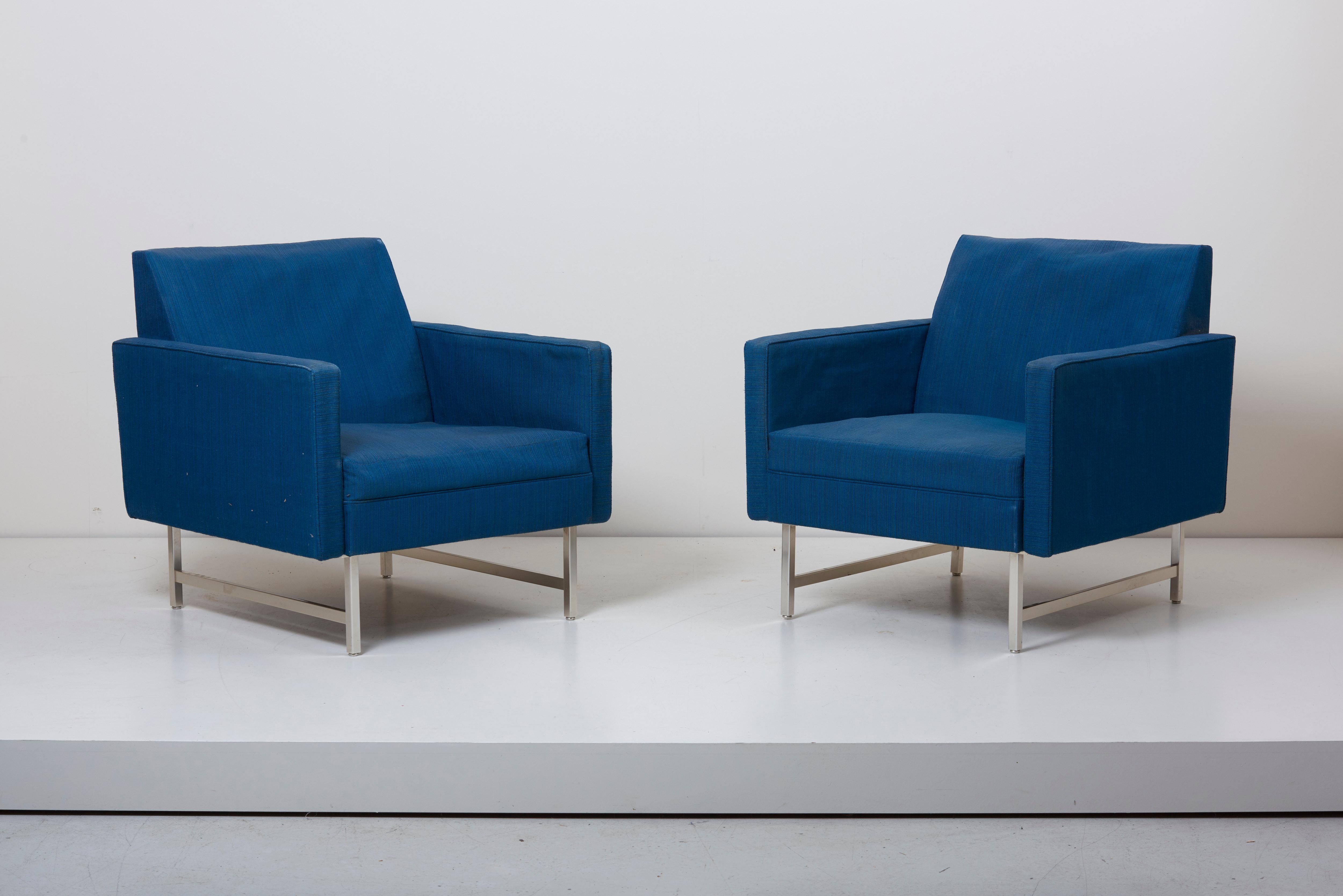 Pair of Lounge Chairs designed by Paul McCobb for Directional / WK Möbel, Germany, 1960s. The Lounge chairs are in original condition and need a rework. The chairs comes with brass metal legs, upholstery needed.