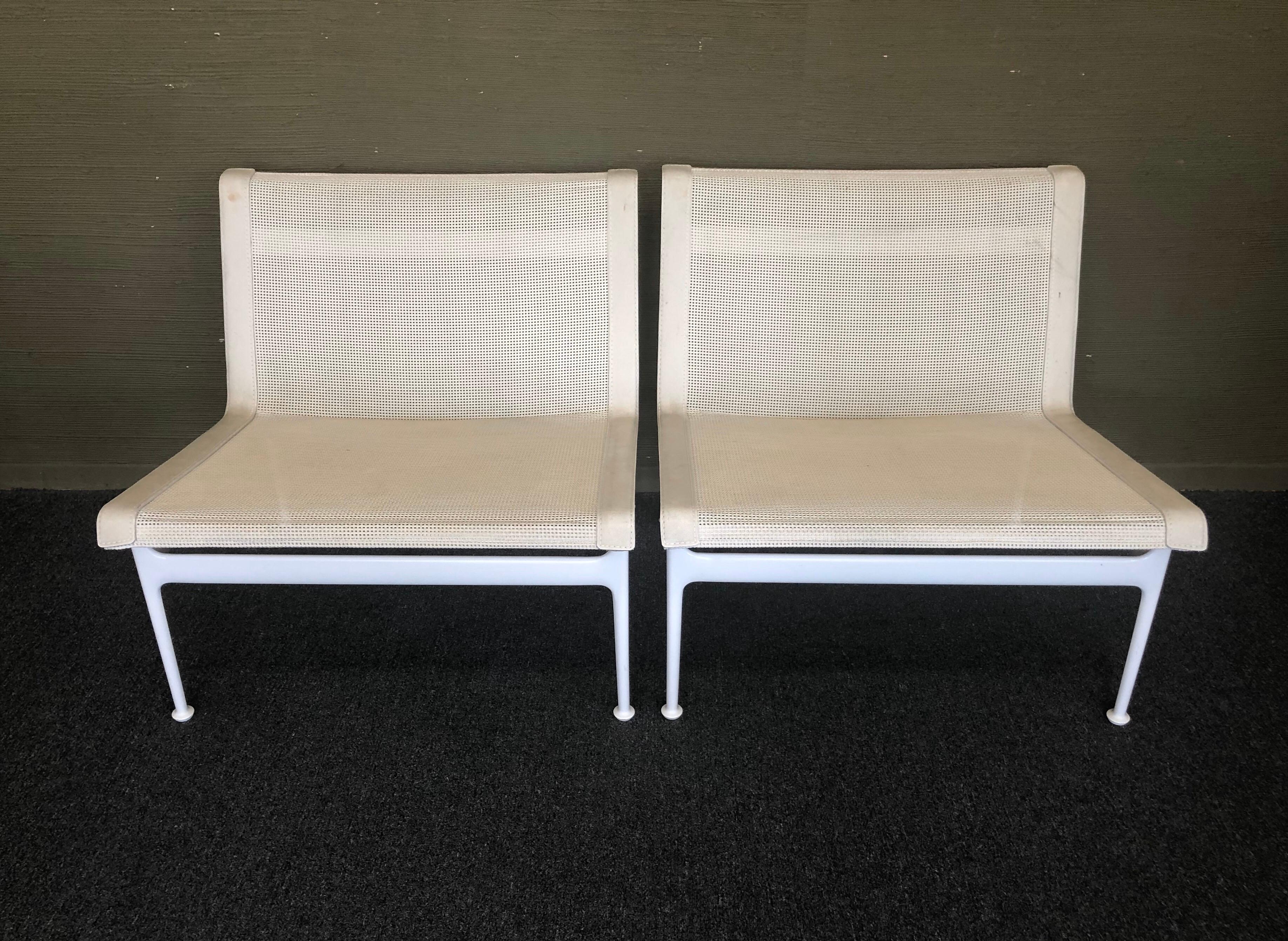 Handsome pair of armless lounge chairs with designed by Richard Schultz as part of his 1966 Collection for Knoll, circa 1990s. 

Craving furniture that could stand up to the salty environment of her seaside home in Florida, Florence Knoll called