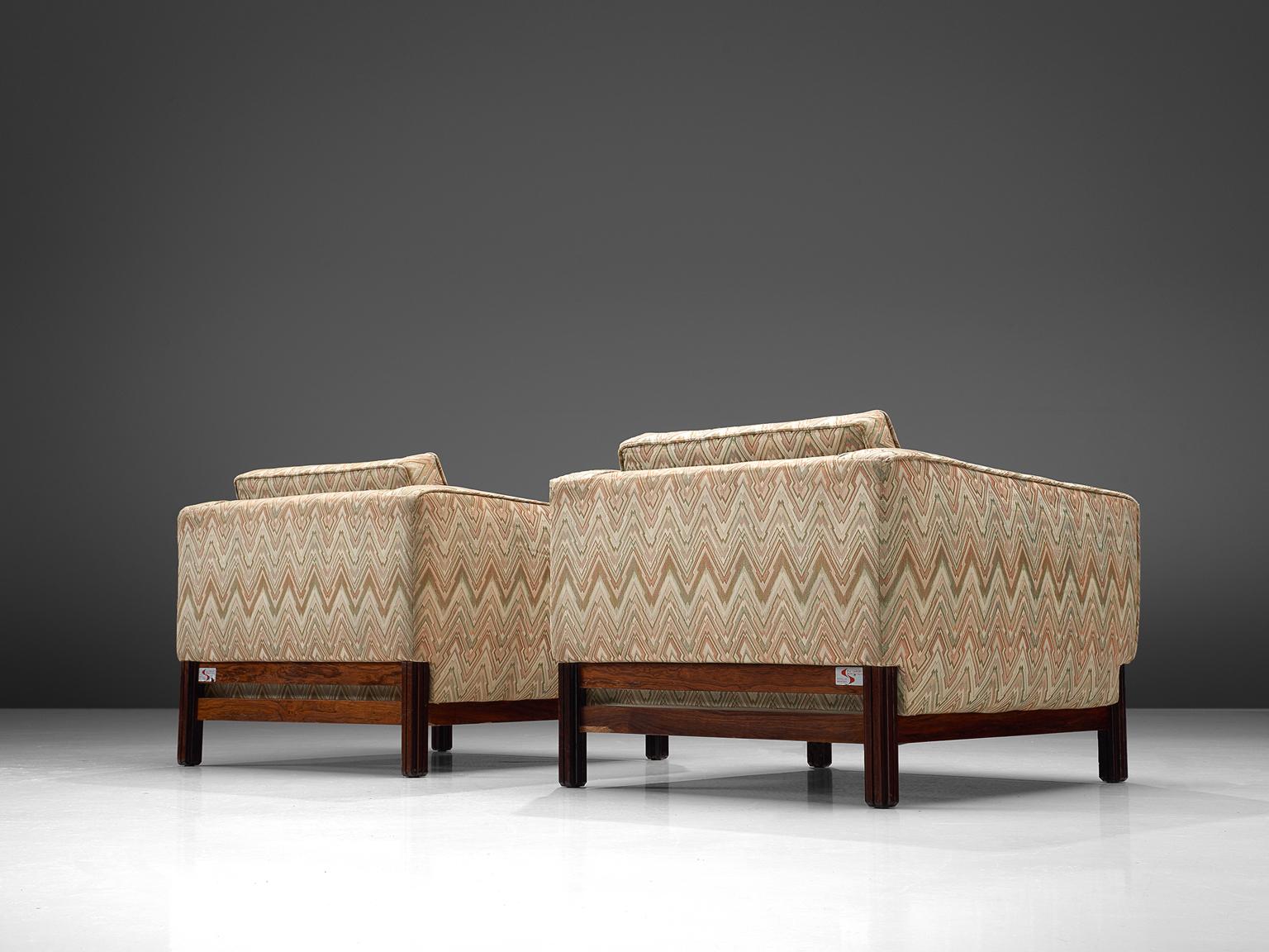 Italian Pair of Lounge Chairs by Saporiti in Fabric and Rosewood