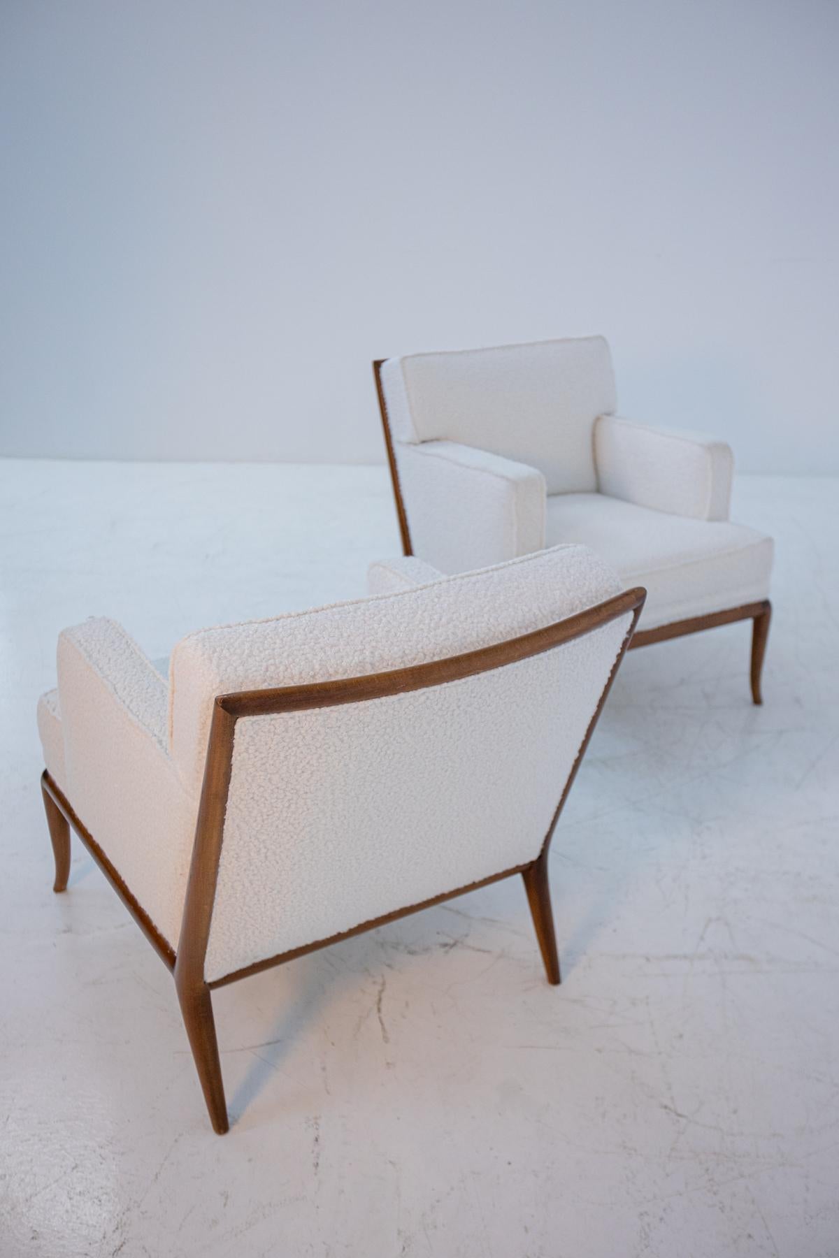 Mid-20th Century Pair of Lounge Chairs by T.H. Robsjohn-Gibbings in White Bouclè, 1950s