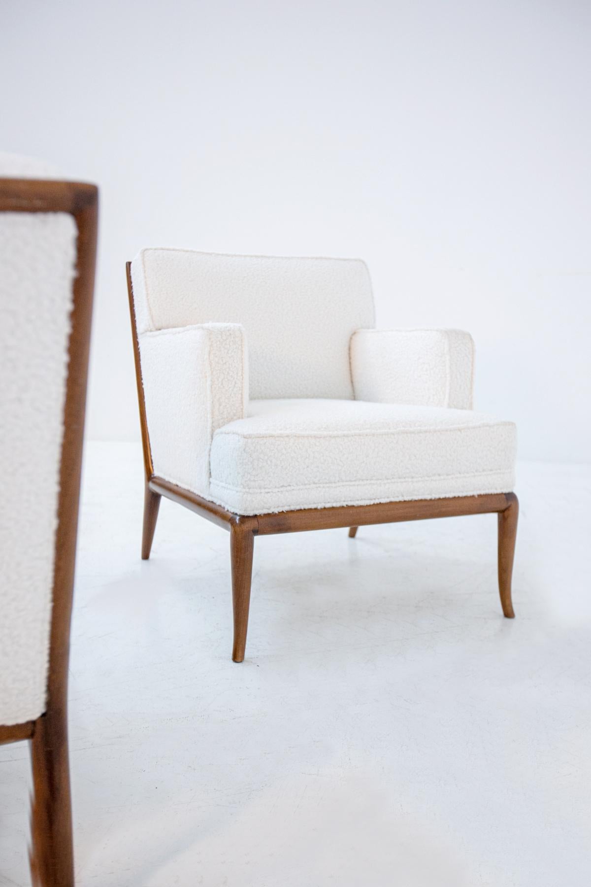 Bouclé Pair of Lounge Chairs by T.H. Robsjohn-Gibbings in White Bouclè, 1950s