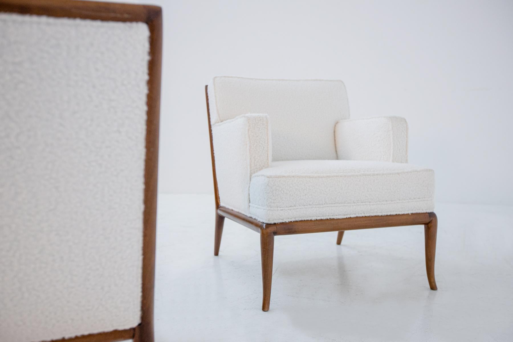 Pair of Lounge Chairs by T.H. Robsjohn-Gibbings in White Bouclè, 1950s 1