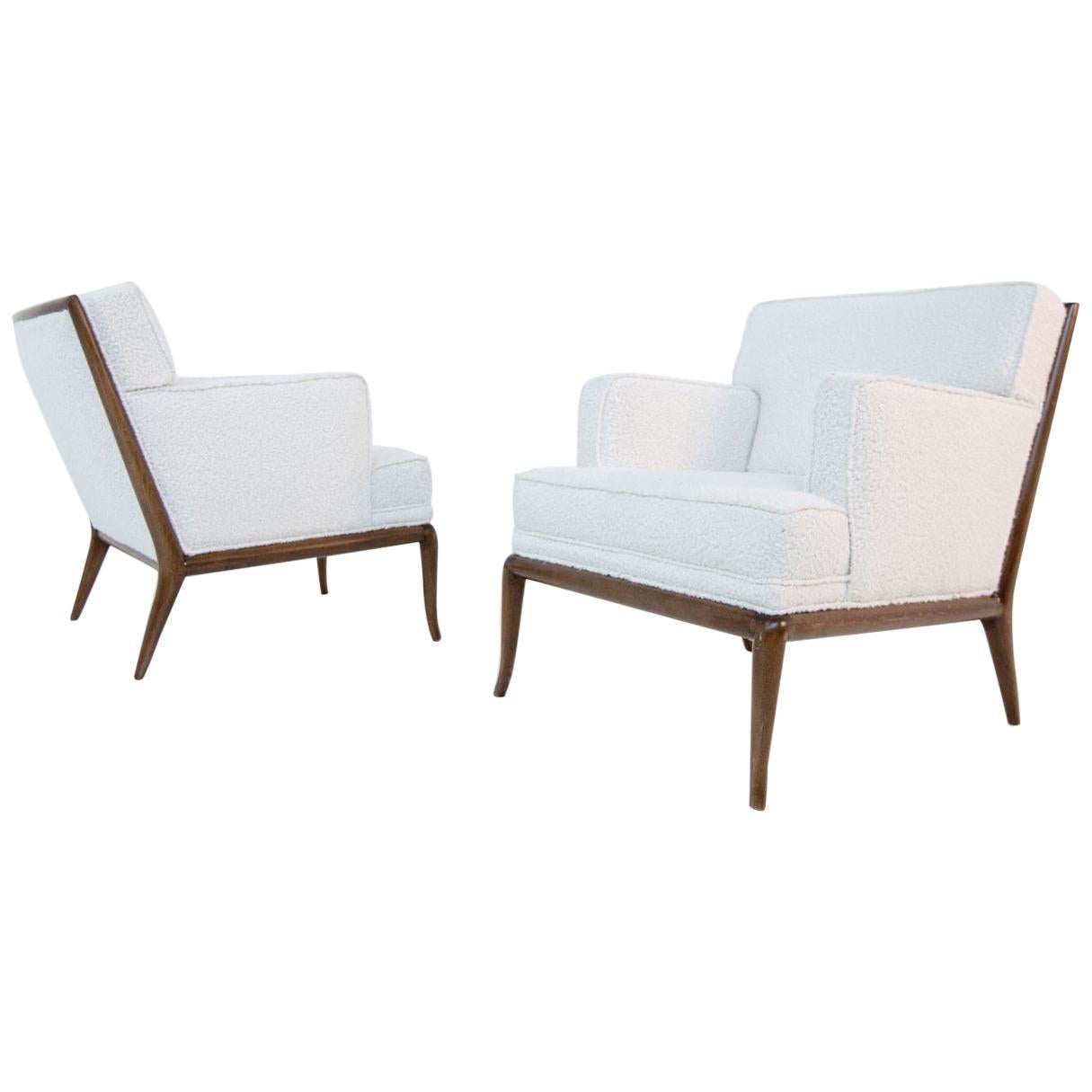 Pair of Lounge Chairs by T.H. Robsjohn-Gibbings in White Bouclè, 1950s