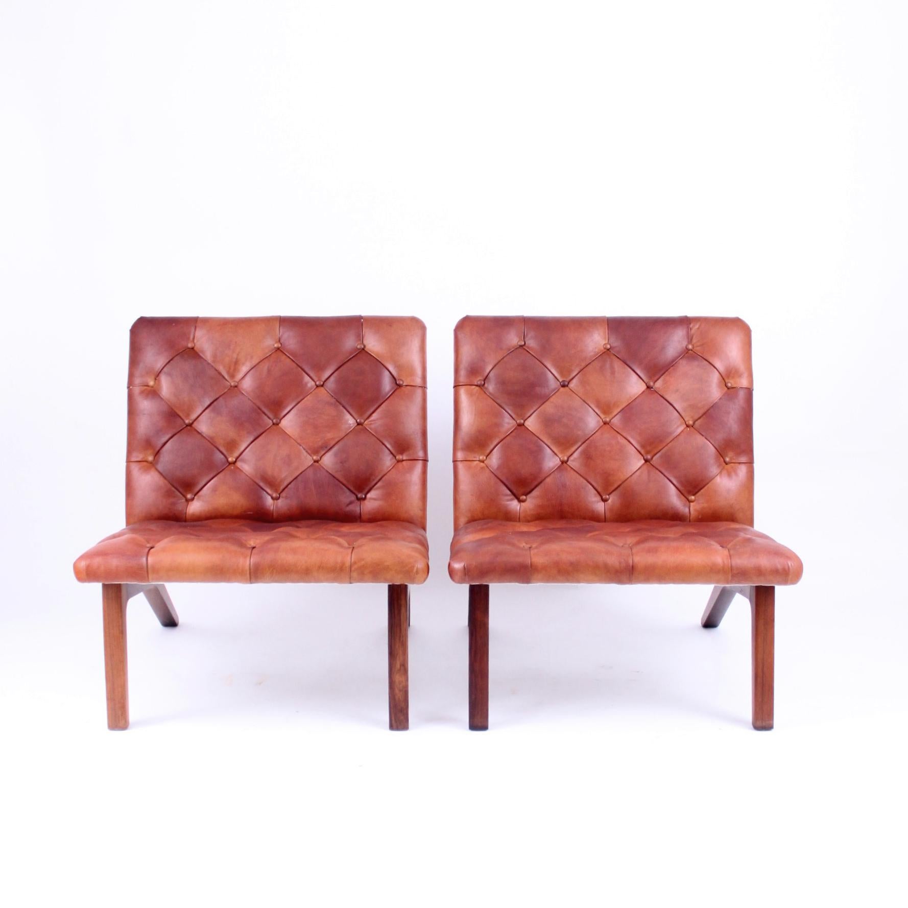 European Pair of Lounge Chairs, Helge Vestergaard Jensen, Rosewood and Niger Leather 1966