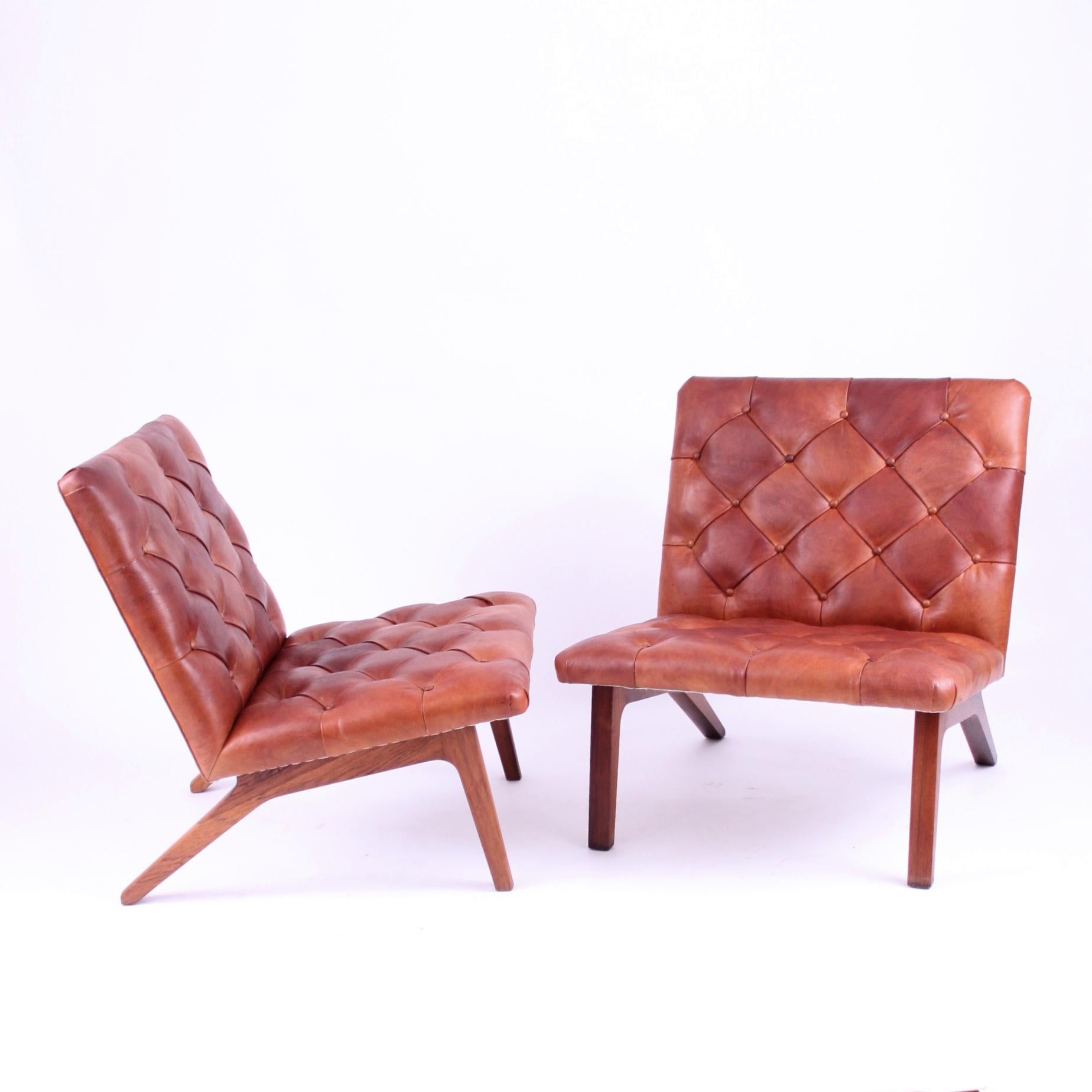 Oiled Pair of Lounge Chairs, Helge Vestergaard Jensen, Rosewood and Niger Leather 1966