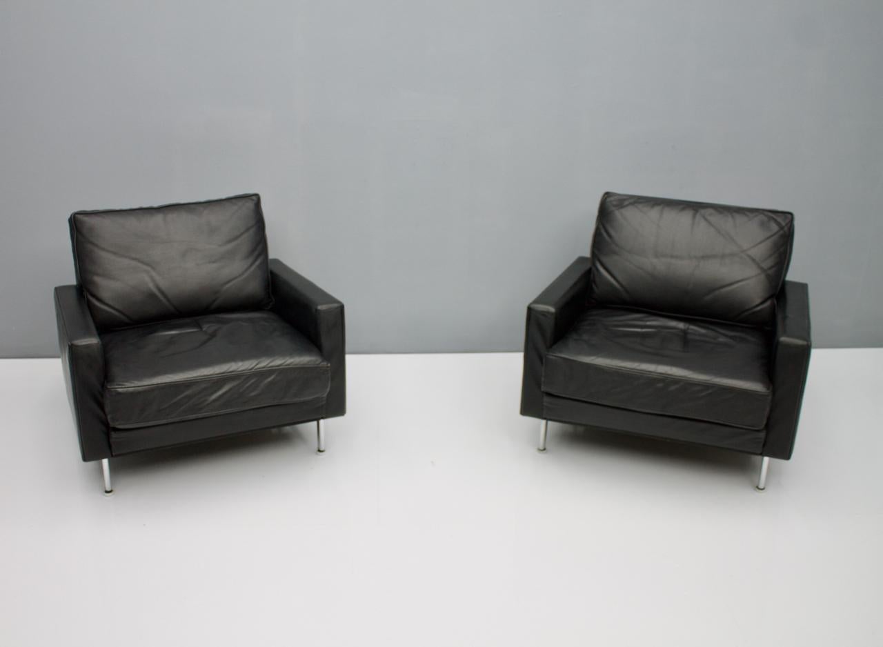 Pair of George Nelson 'Loose Cushion' Lounge Chairs in Black Leather 1