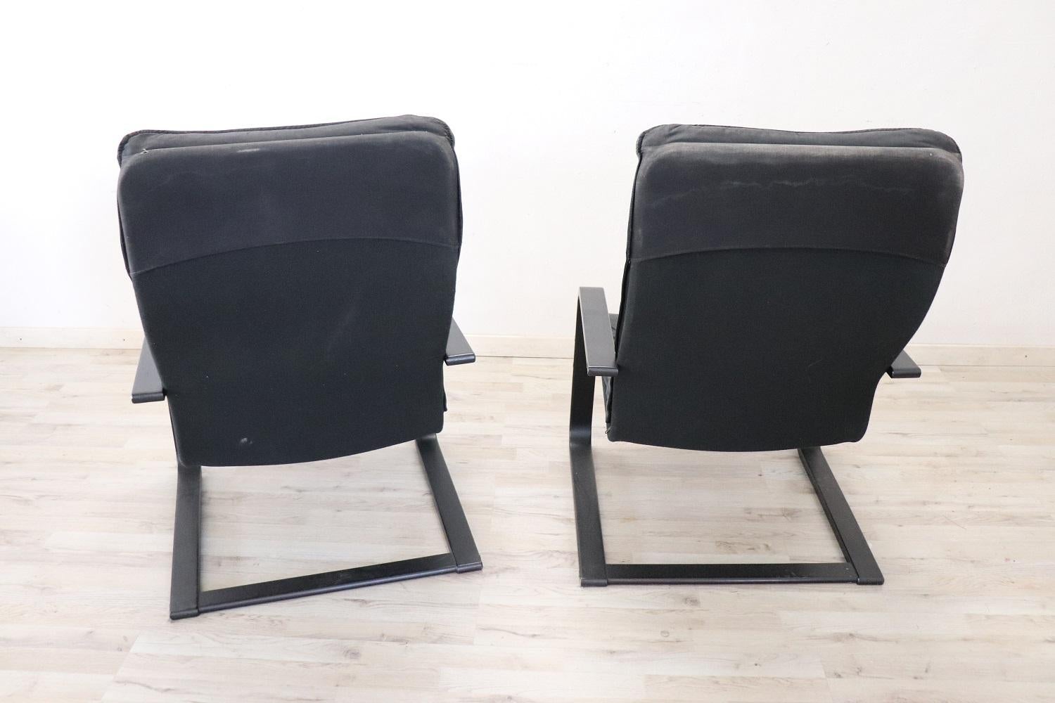 Pair of Lounge Chairs in Black Leather, 1970s For Sale 5