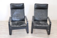 Pair of Lounge Chairs in Black Leather, 1970s