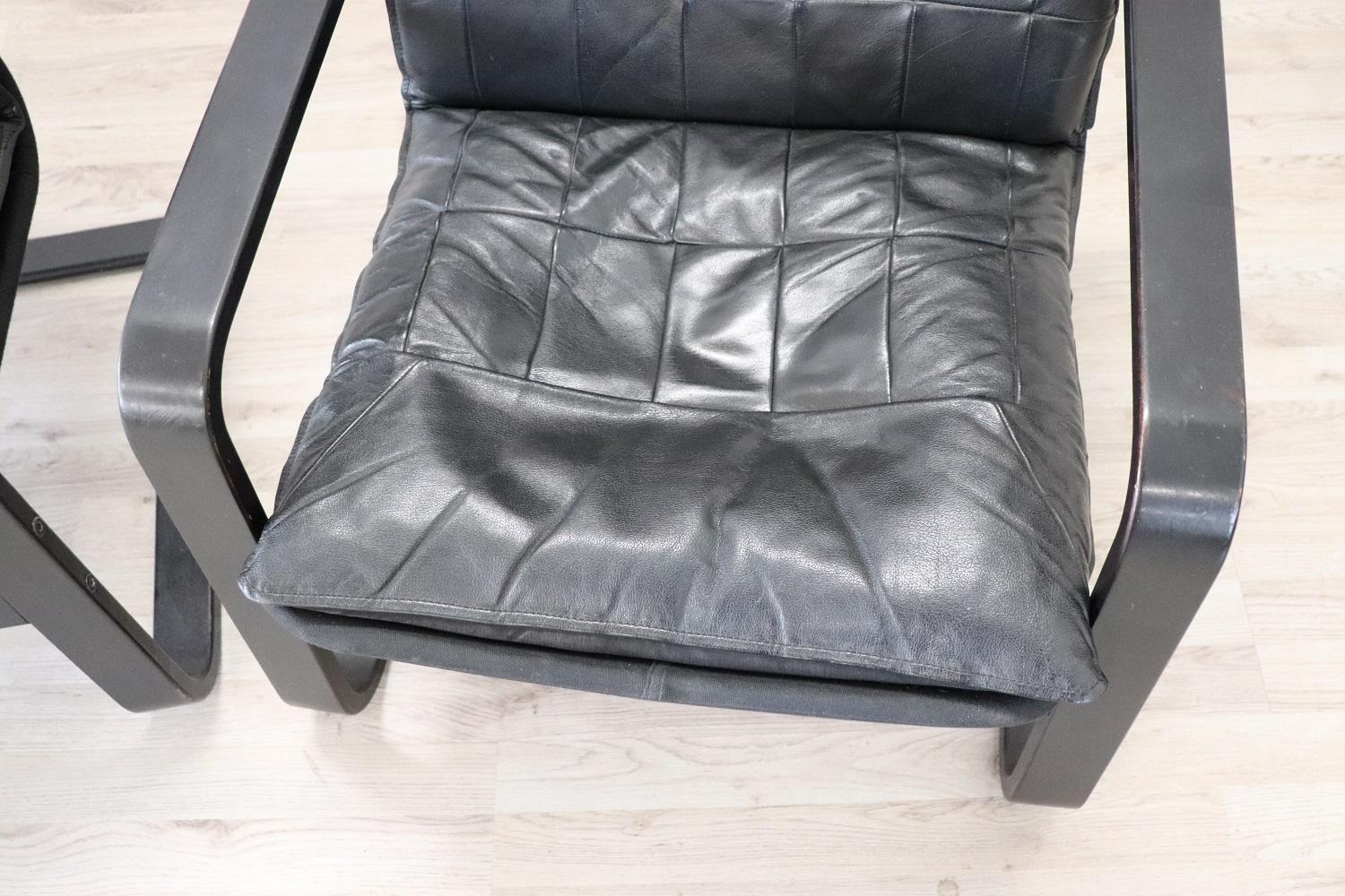 Late 20th Century Pair of Lounge Chairs in Black Leather, 1970s For Sale