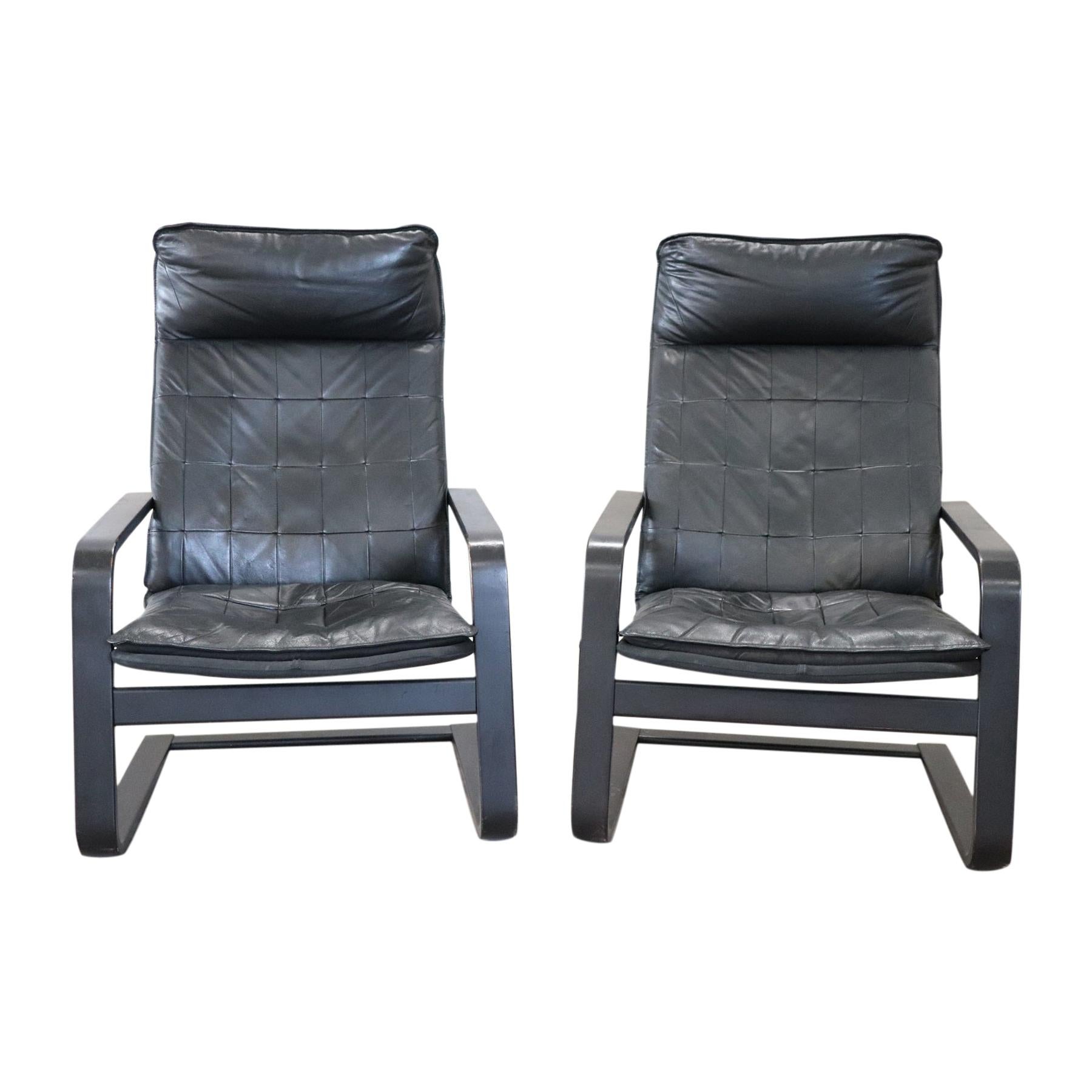 Pair of Lounge Chairs in Black Leather, 1970s For Sale