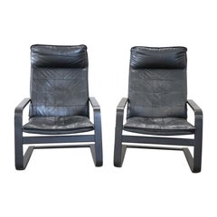 Pair of Lounge Chairs in Black Leather, 1970s