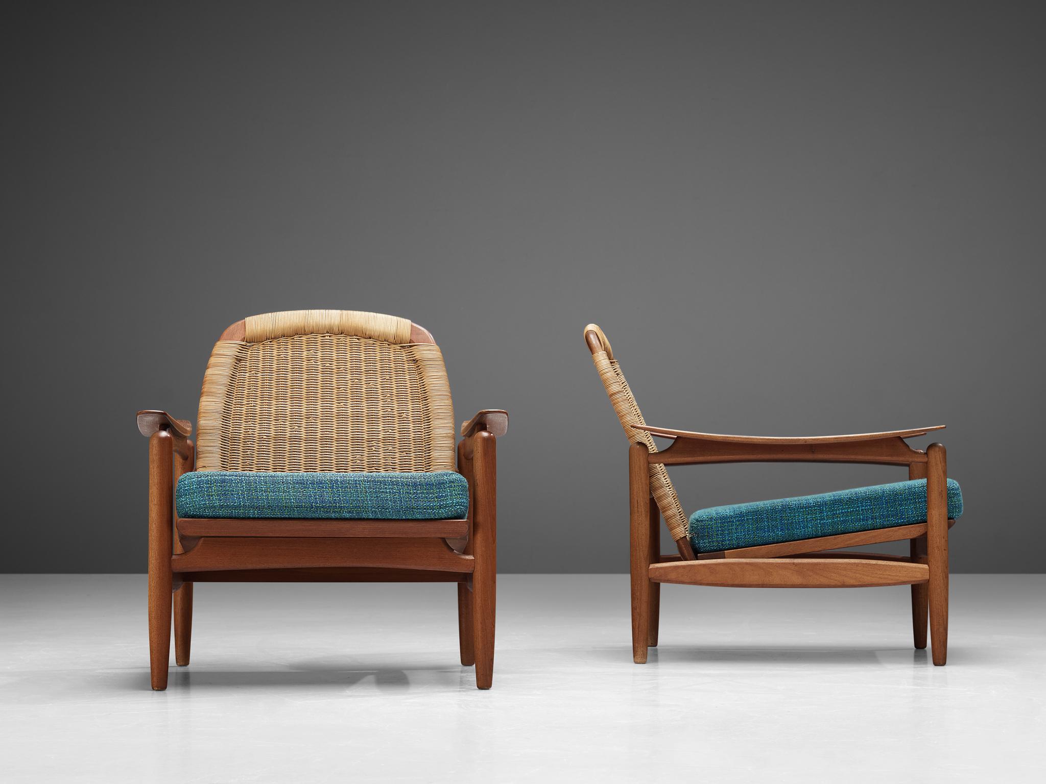 European Pair of Lounge Chairs in Cane and Teak