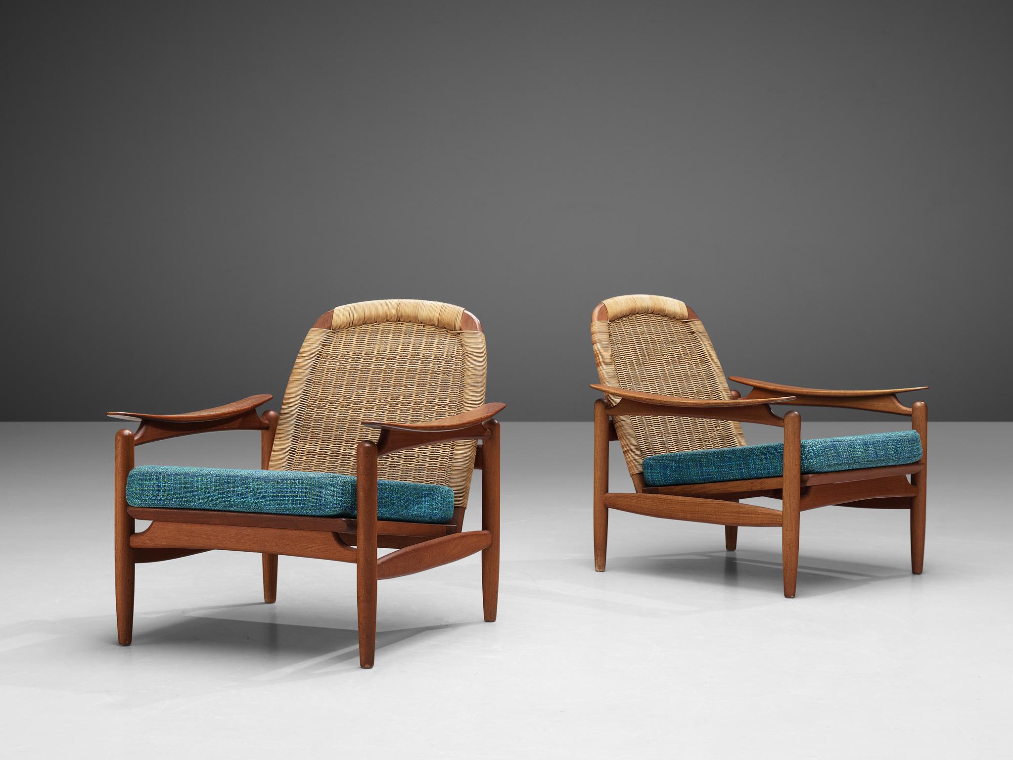 Pair of Lounge Chairs in Cane and Teak 1