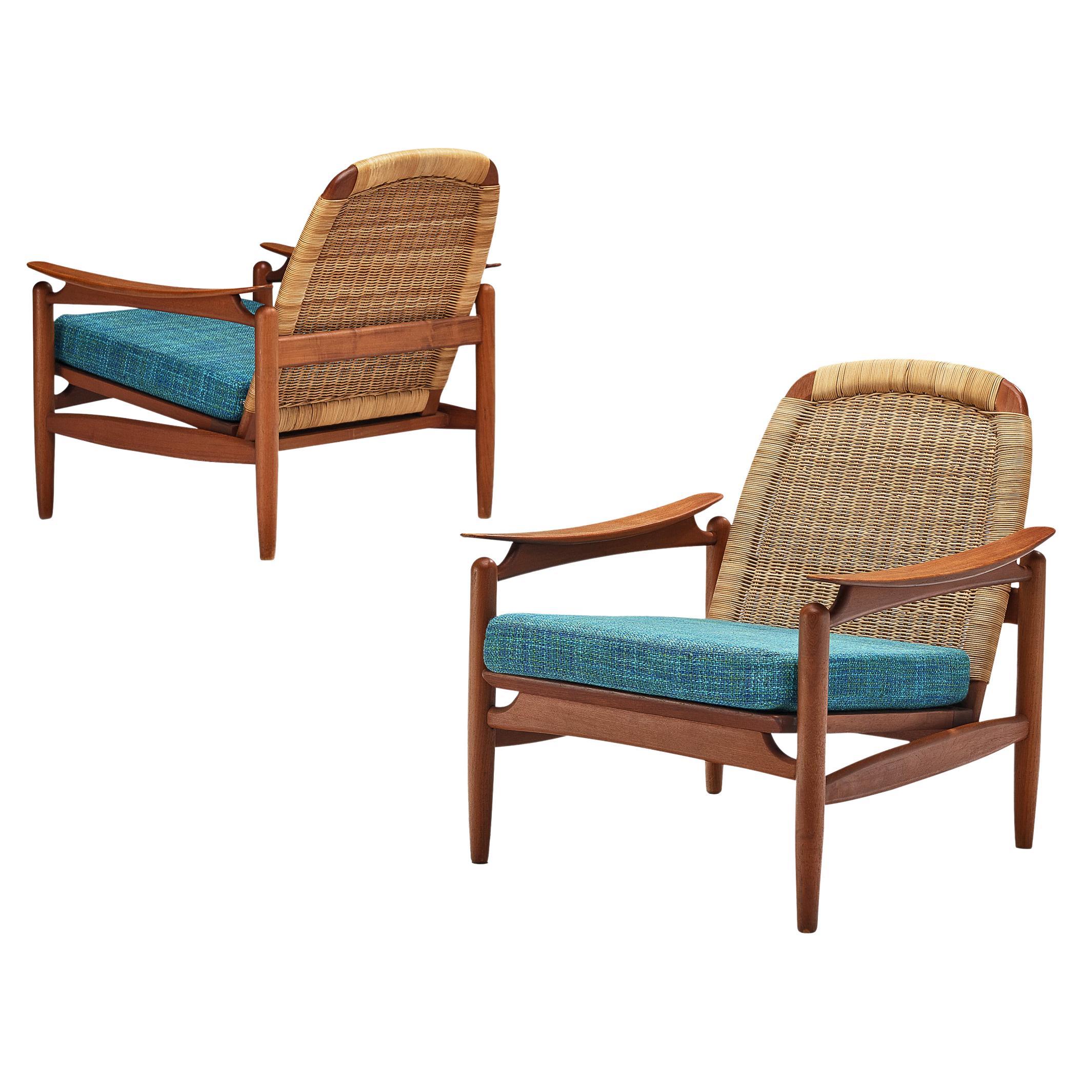 Pair of Lounge Chairs in Cane and Teak