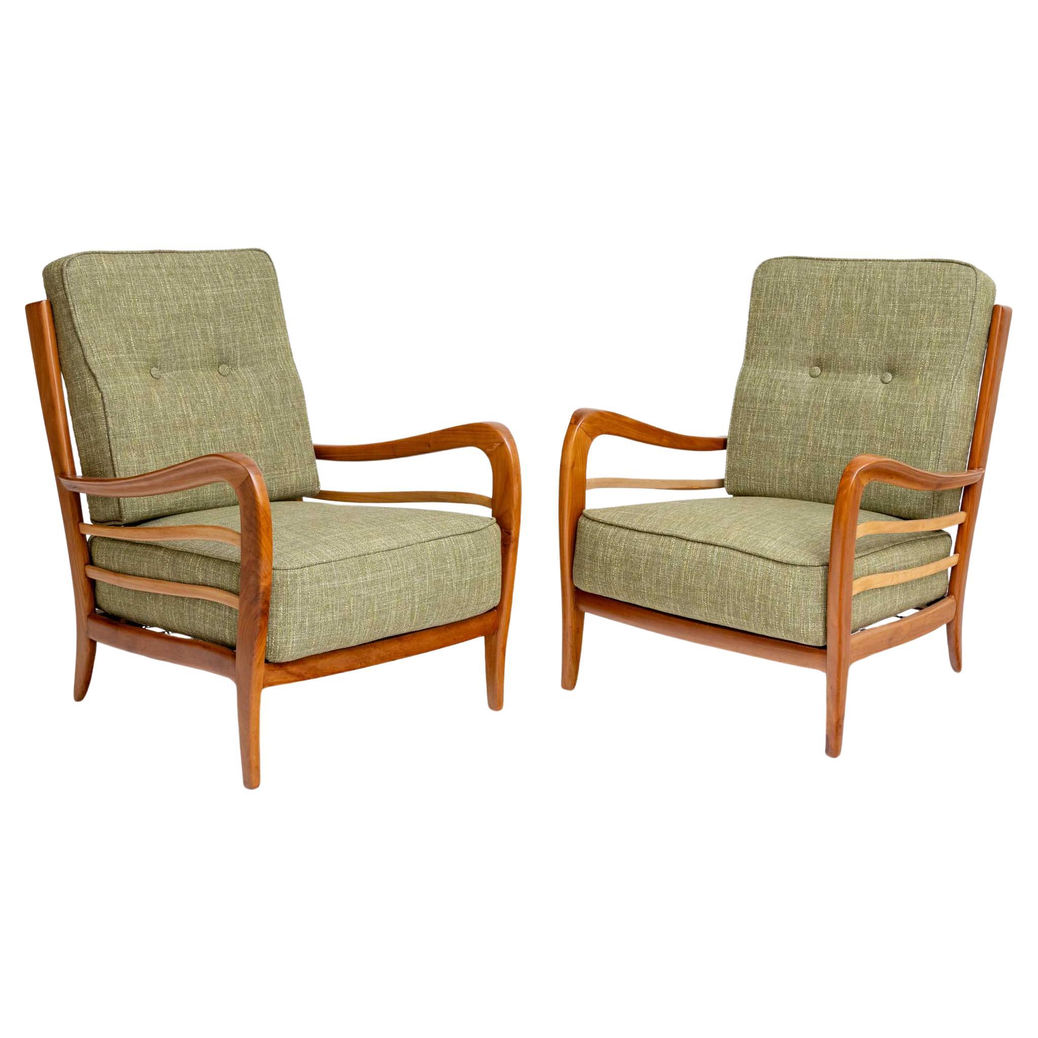Pair of Lounge Chairs in Cherry, green Upholstery attr. Paolo Buffa, Italy 1950s For Sale