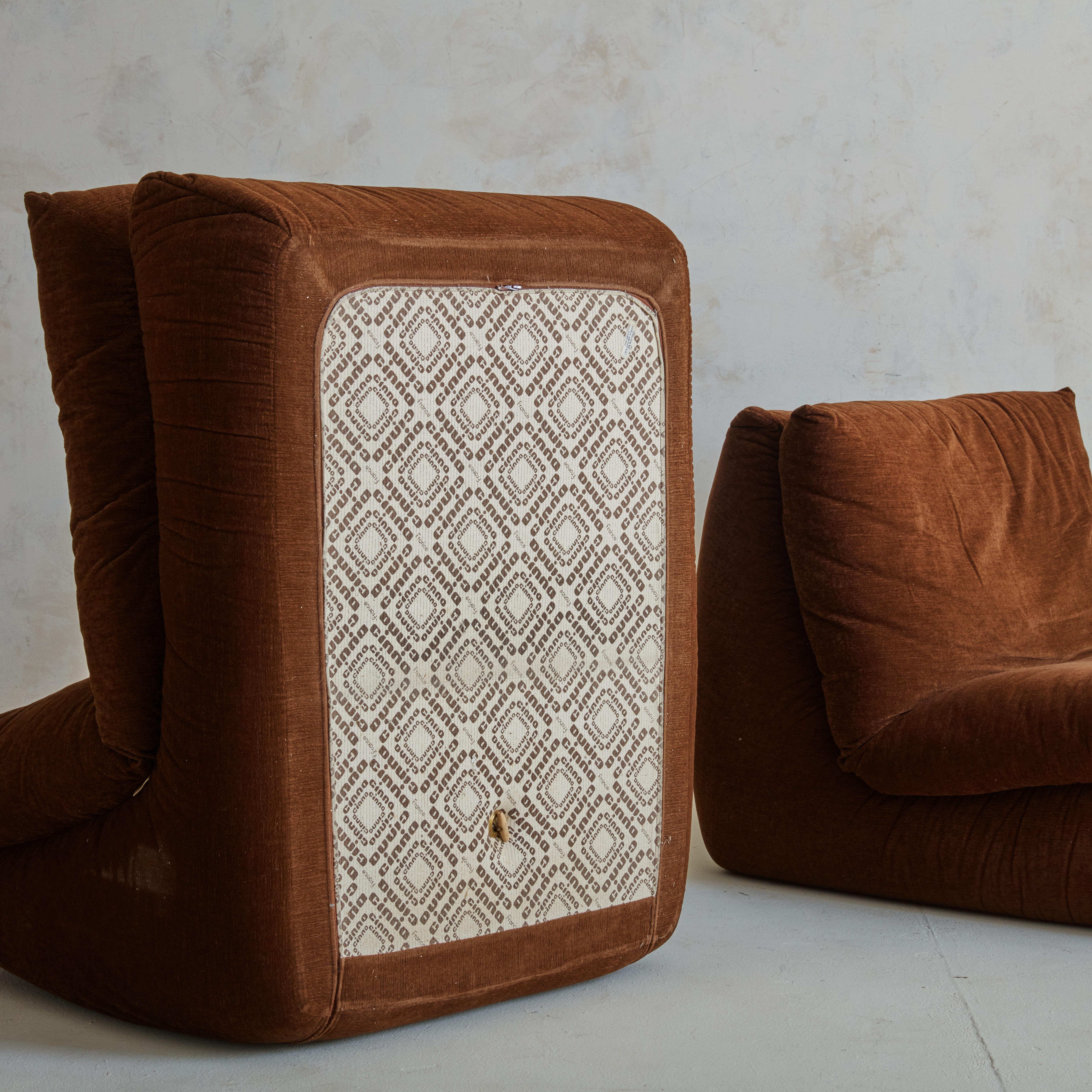 Pair of  Lounge Chairs in Chocolate Velvet  for Cinna / Ligne Roset, France 1975 4
