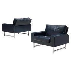 Scandinavian Pair of Lounge Chairs in Deep Blue Leather