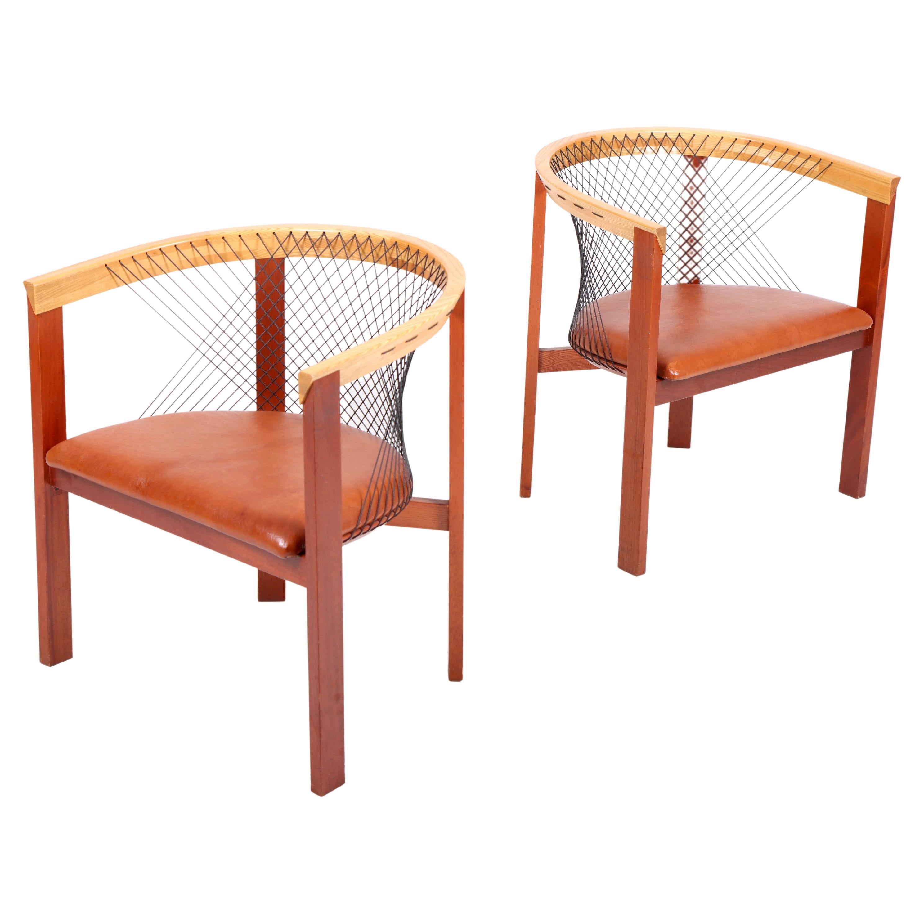 Pair of Lounge Chairs in Elm and Patinated Leather by Niels Jørgen Haugesen