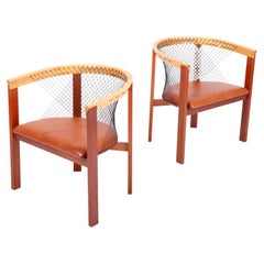 Pair of Lounge Chairs in Elm and Patinated Leather by Niels Jørgen Haugesen