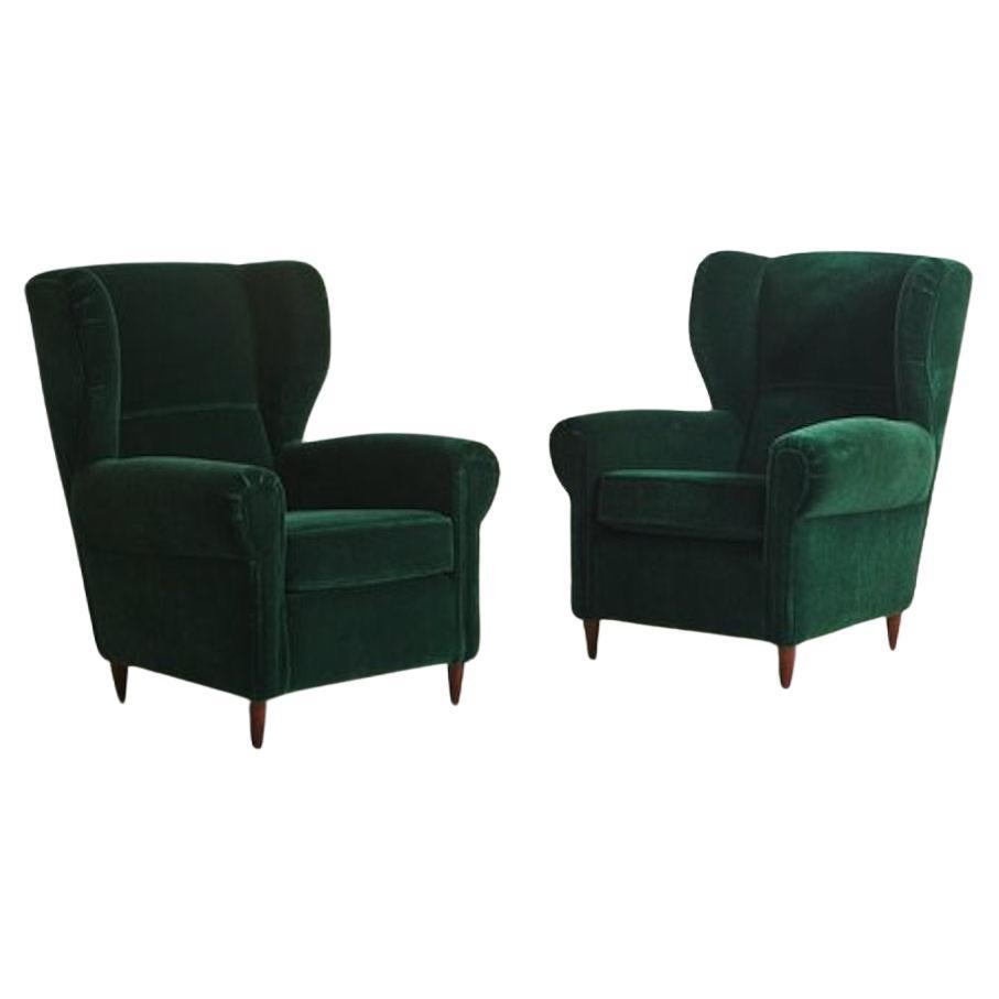 Pair of Lounge Chairs in Emerald Velvet in the Style of Paolo Buffa, Italy 1960s