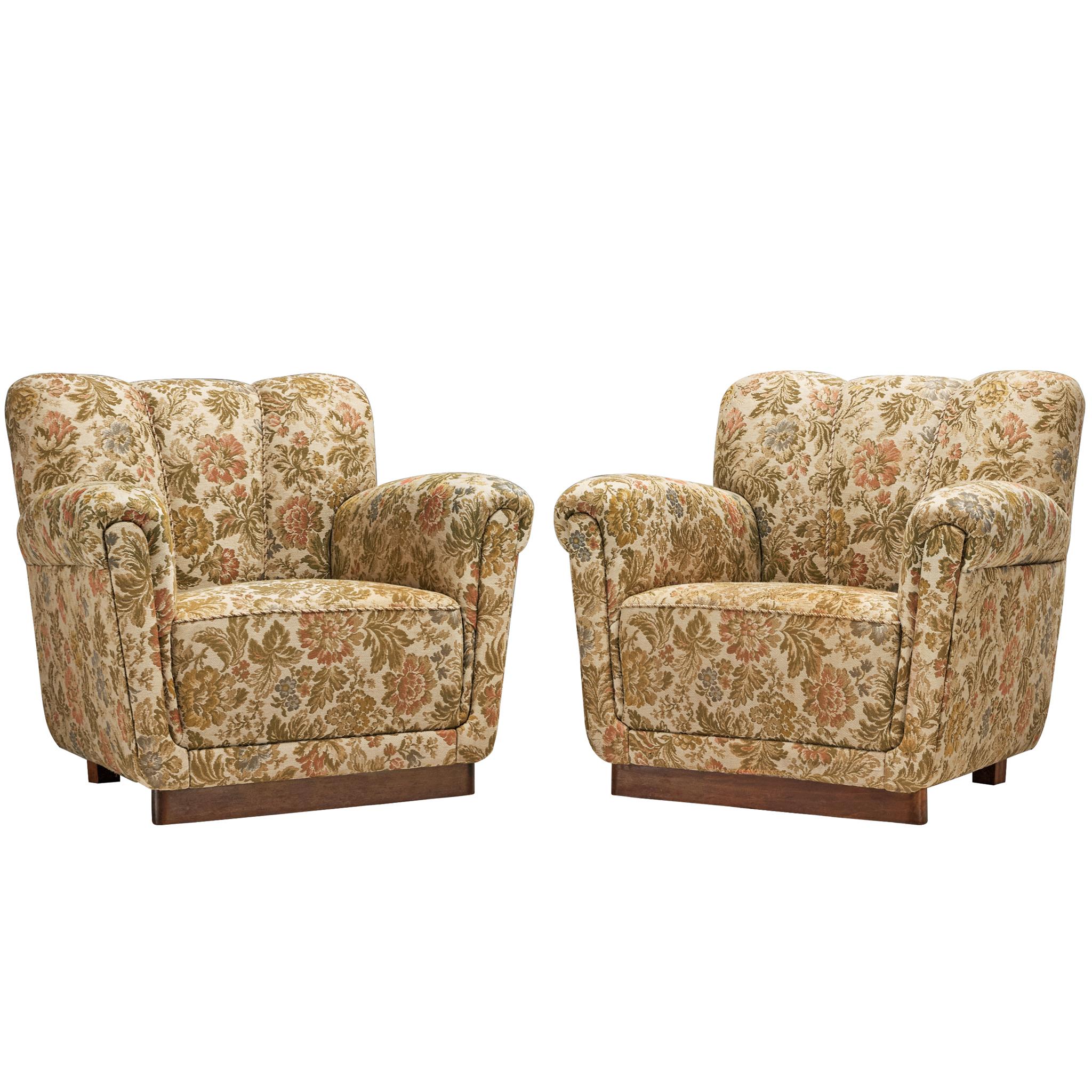 Pair of Lounge Chairs in Floral Pattern on Platform Base