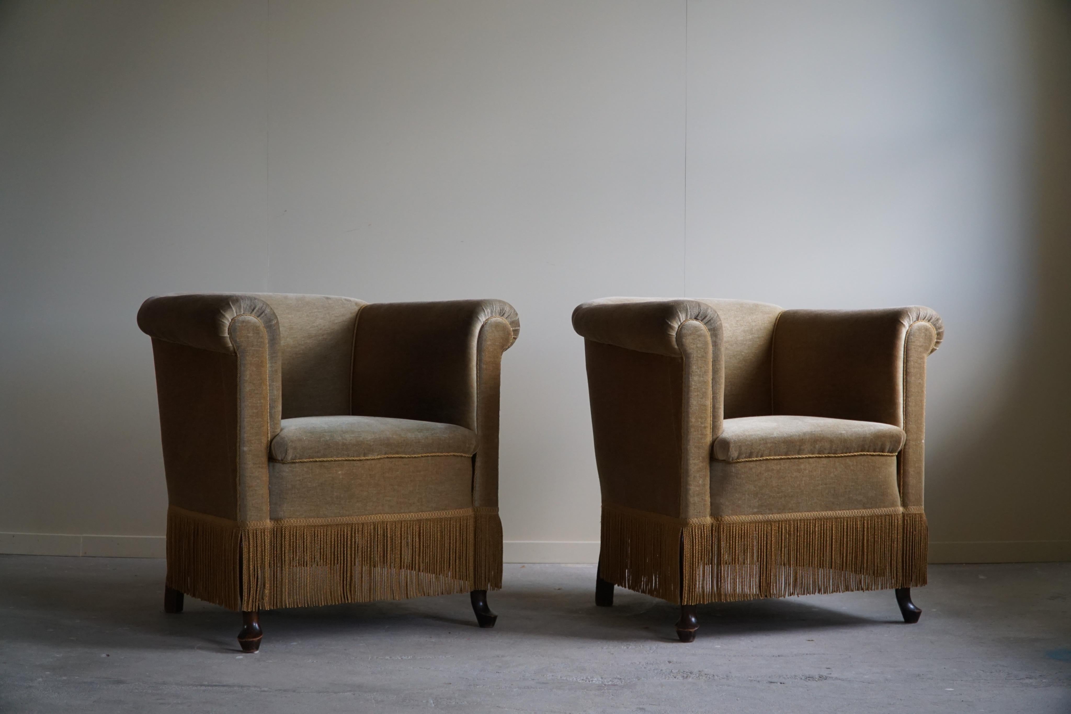 Fabric Pair of Lounge Chairs in Green Velour, Danish Carbinetmaker, Art Deco, 1940s