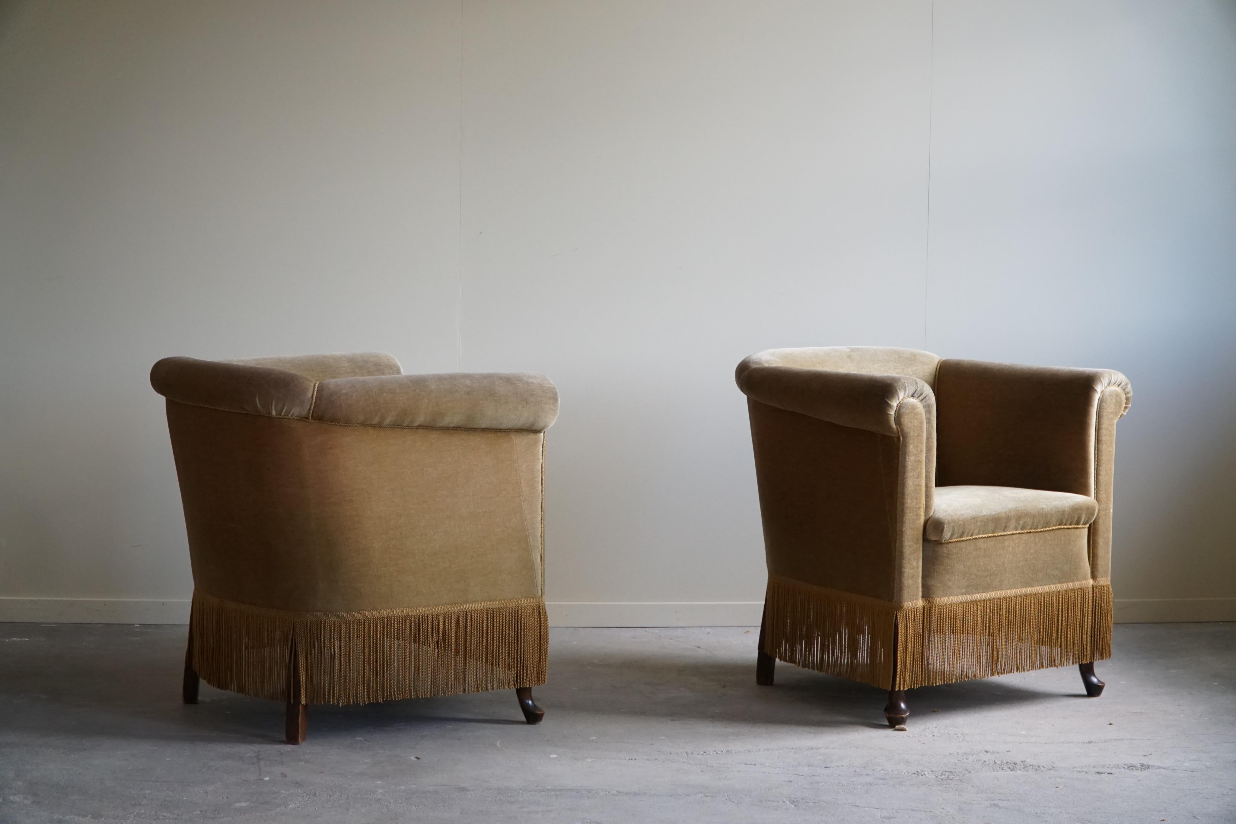 Pair of Lounge Chairs in Green Velour, Danish Carbinetmaker, Art Deco, 1940s 1