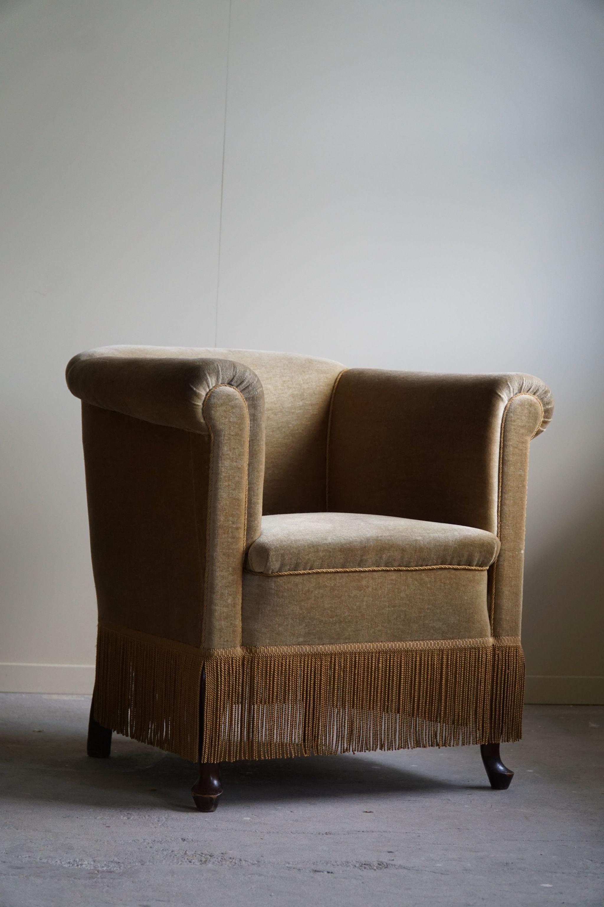 Pair of Lounge Chairs in Green Velour, Danish Carbinetmaker, Art Deco, 1940s 2