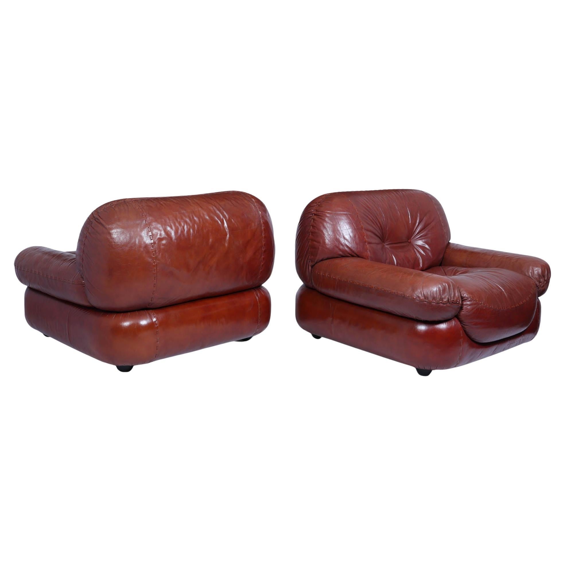 Pair of Lounge Chairs in Leather by Sapporo for Mobil Girgi, Italy 1970