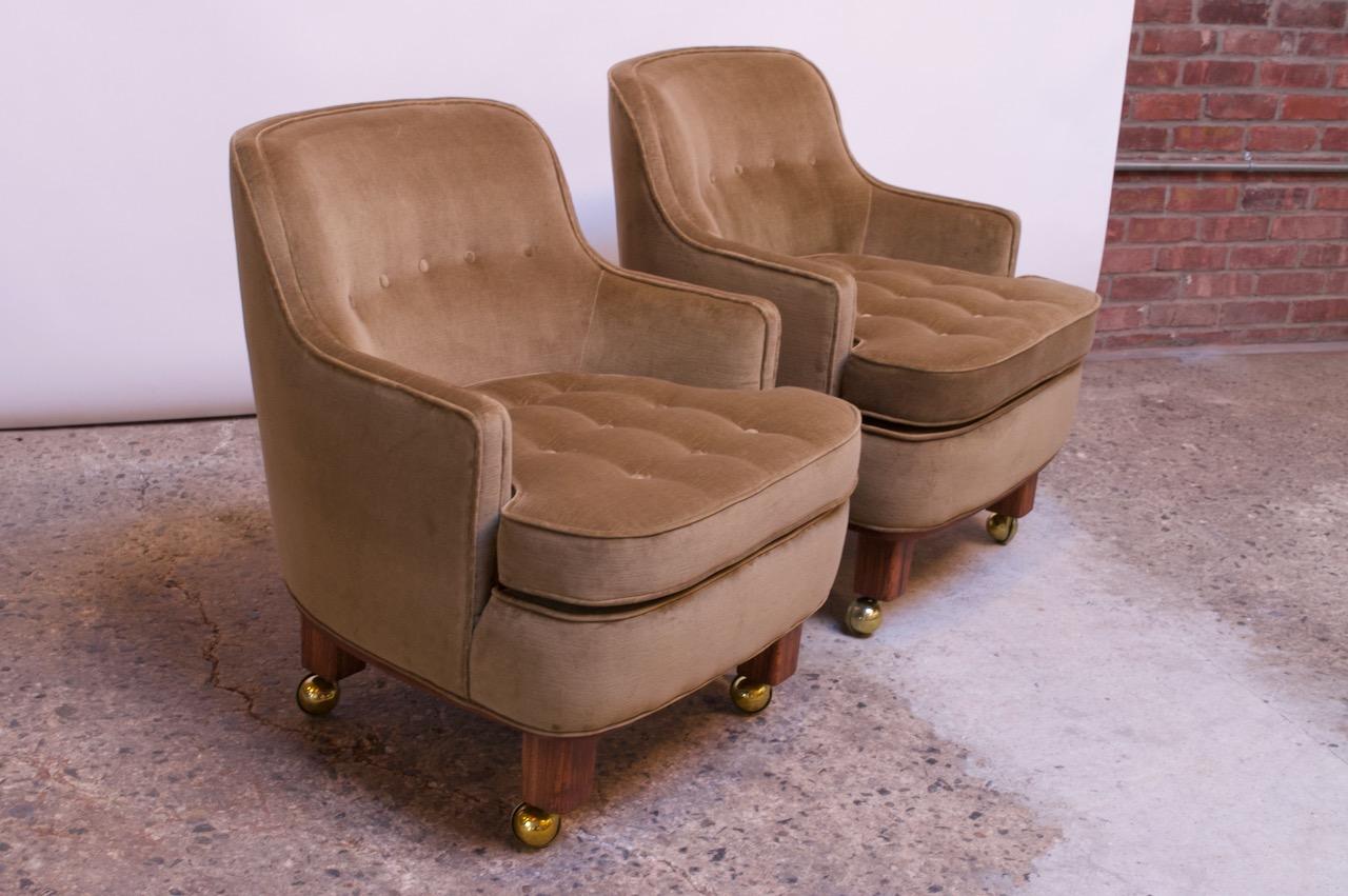 Stained Pair of Lounge Chairs in Mahogany and Velvet by Edward Wormley for Dunbar For Sale