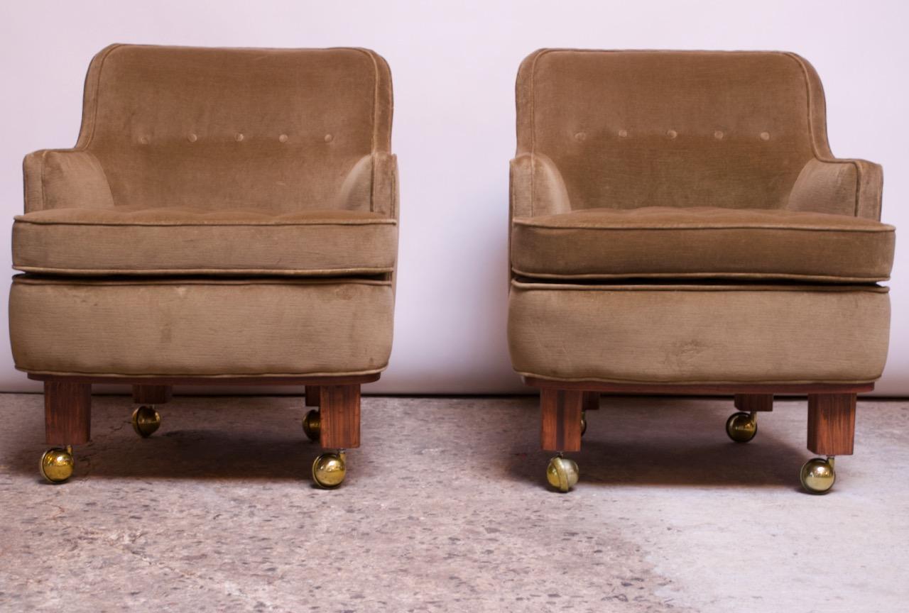 Mid-20th Century Pair of Lounge Chairs in Mahogany and Velvet by Edward Wormley for Dunbar For Sale