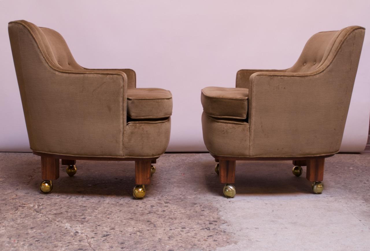 Brass Pair of Lounge Chairs in Mahogany and Velvet by Edward Wormley for Dunbar For Sale