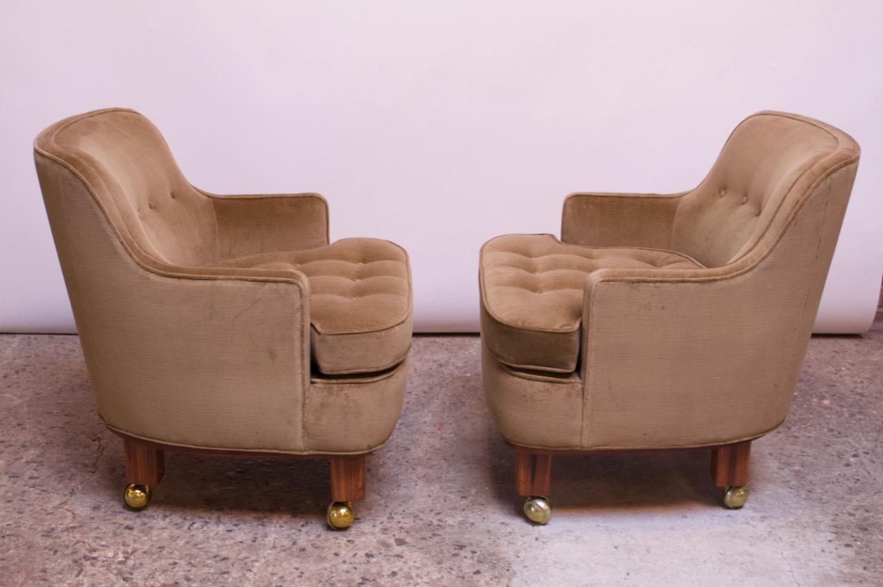 Pair of Lounge Chairs in Mahogany and Velvet by Edward Wormley for Dunbar For Sale 1