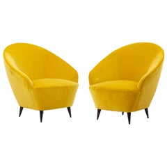 Vintage Pair of Yellow Lounge Chairs in New Cotton Velvet, Italy, 1950s