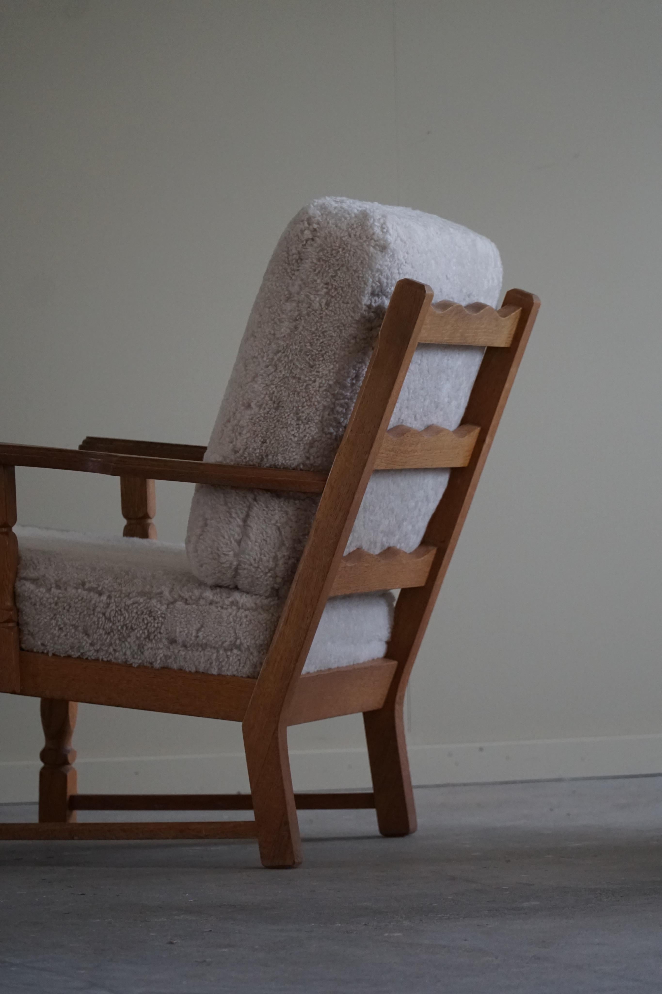 Pair of Lounge Chairs in Oak and Lambswool, Henning Kjærnulf Style, 1960s 13
