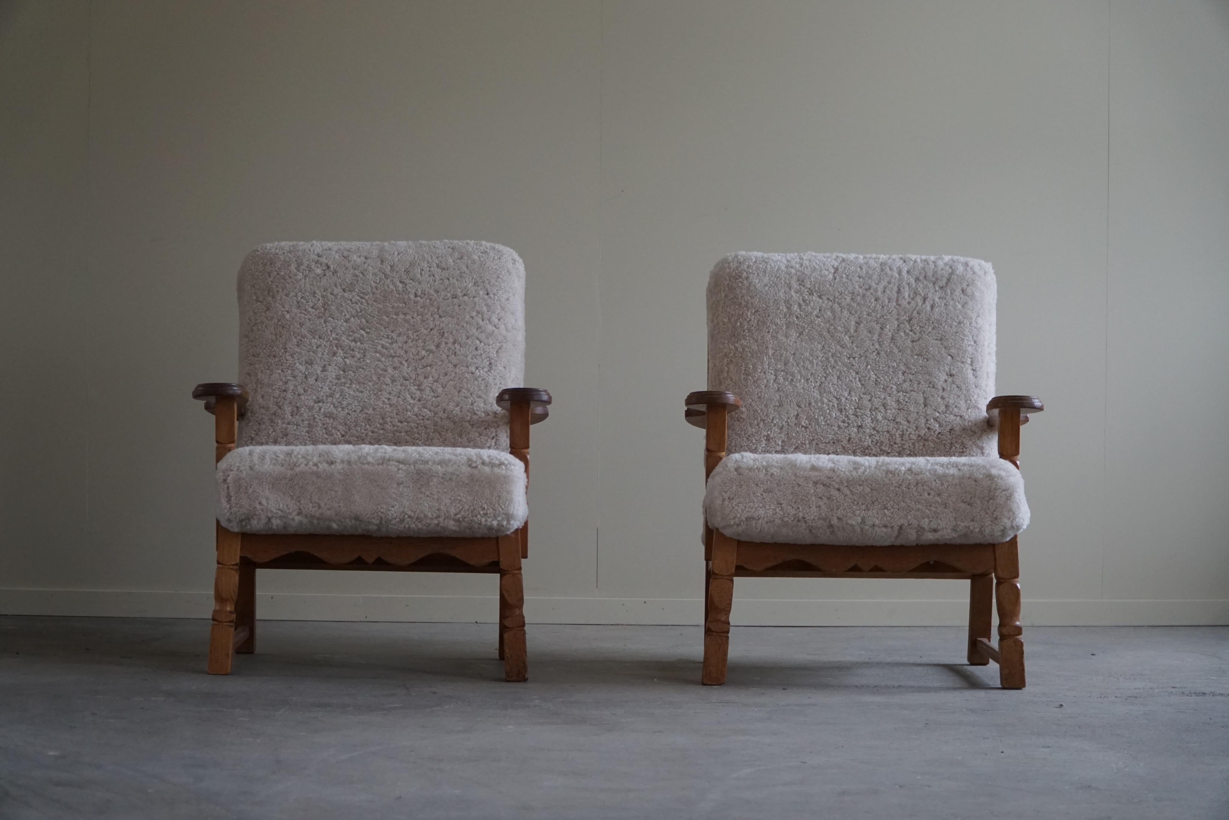 Pair of Lounge Chairs in Oak and Lambswool, Henning Kjærnulf Style, 1960s 2