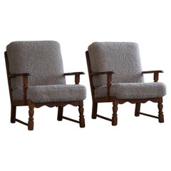 Pair of Lounge Chairs in Oak and Lambswool, Henning Kjærnulf Style, 1960s